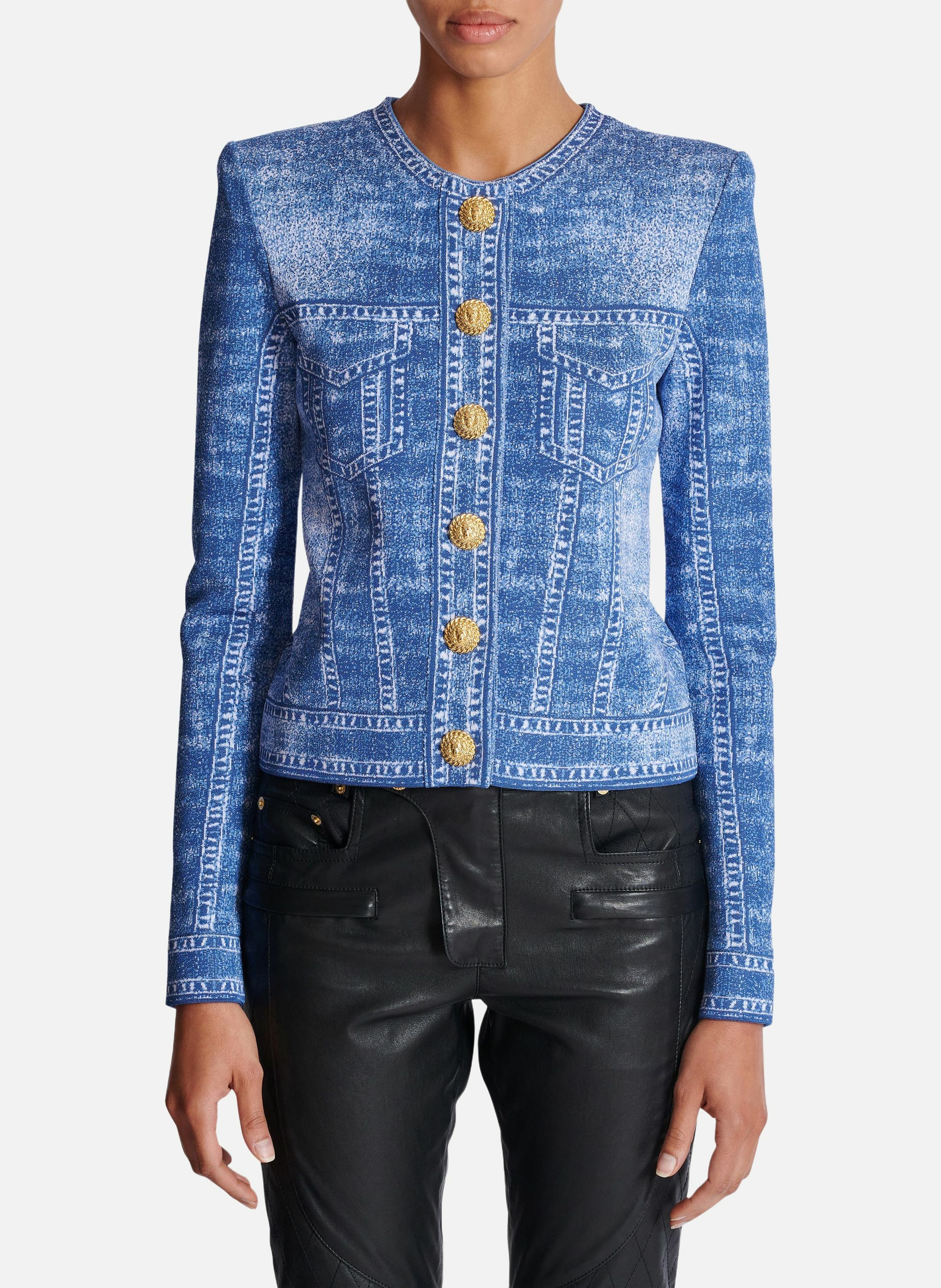 Cardigan en maille jacquard avec trompe-l'œil denim Bleu