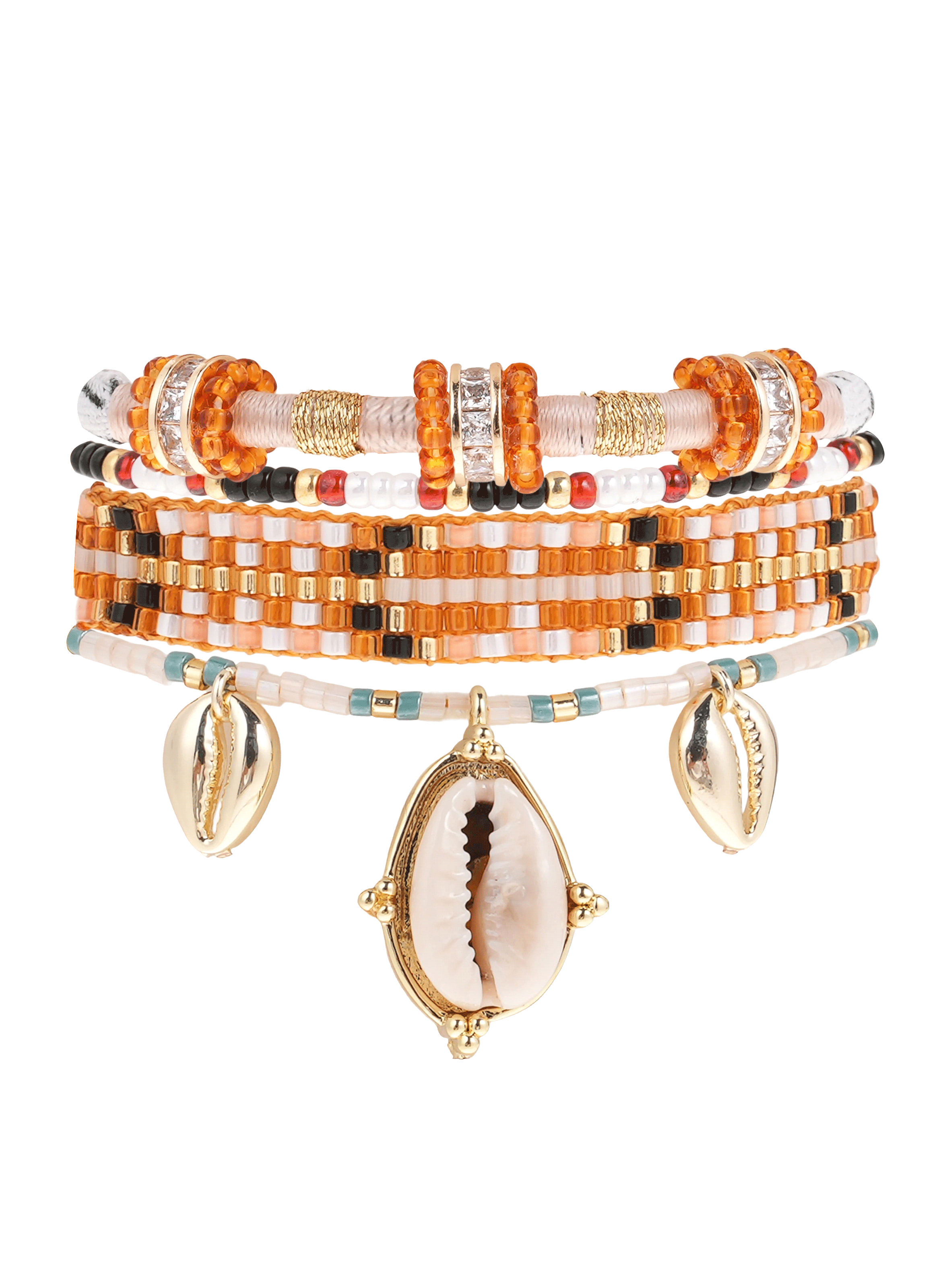 Bracelet manchette multiliens perles avec pendentif coquillage KANOE HIPANEMA Blanc