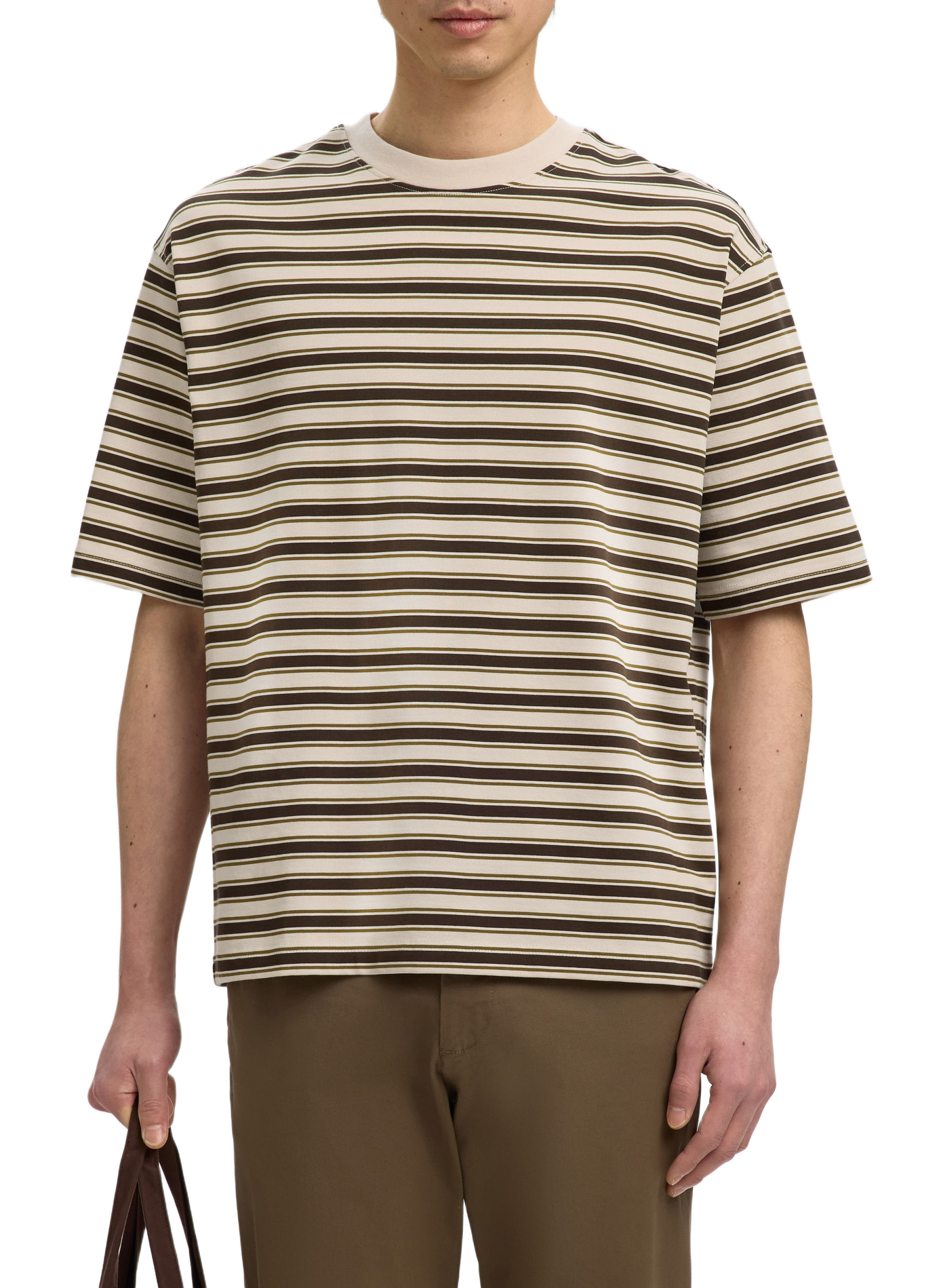 Striped cotton T-shirt SELECTED Beige