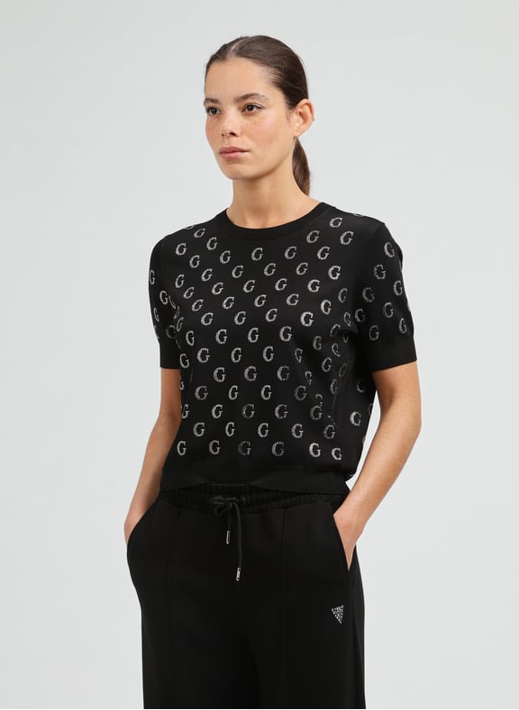 Short-sleeved top with rhinestones Black by GUESS GUESS Short-sleeved top with rhinestones Black