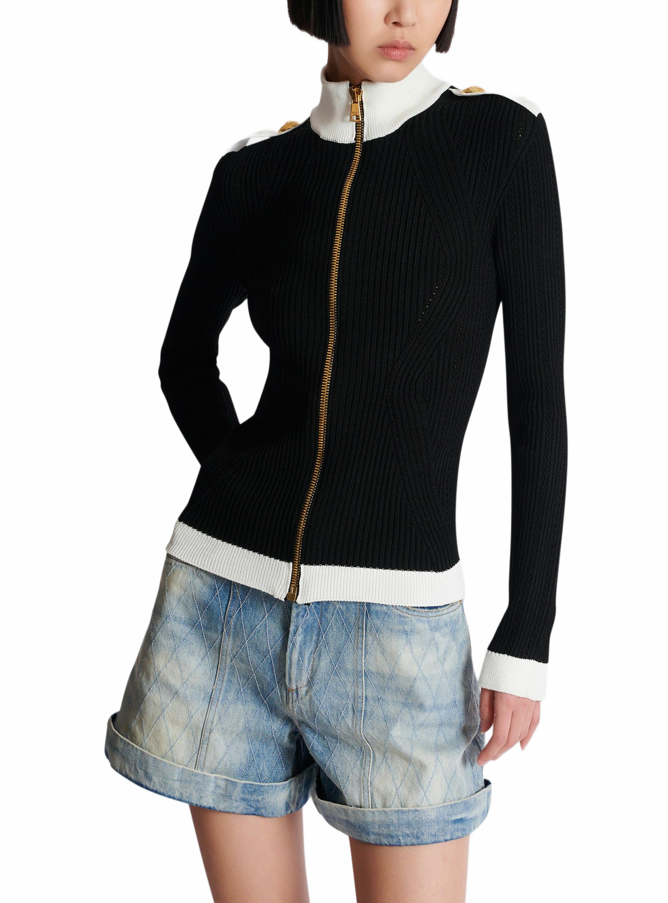 Cardigan zippé en maille à col montant BALMAIN Noir