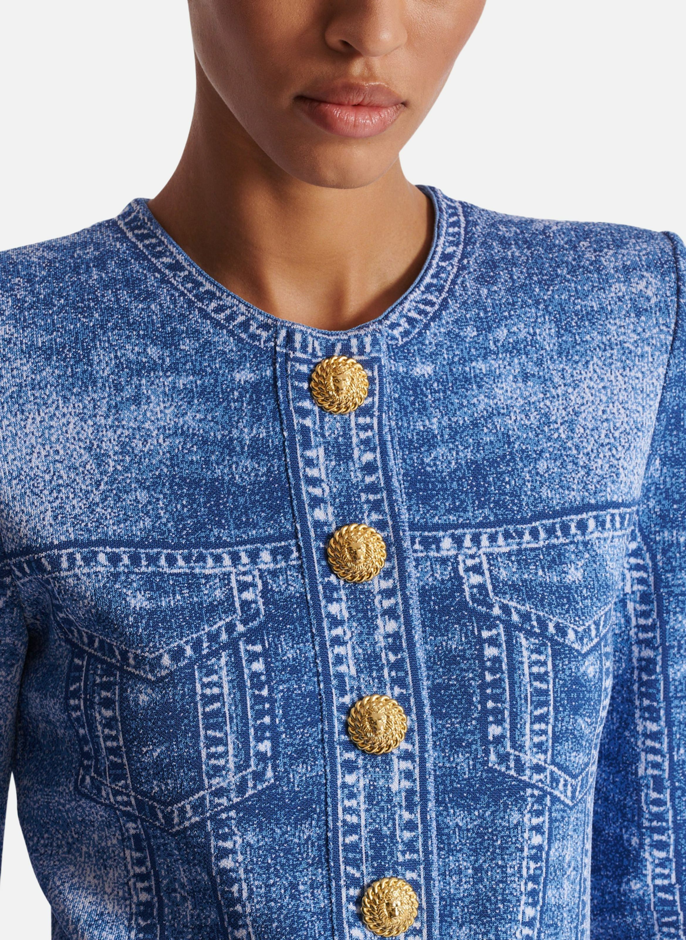 Cardigan en maille jacquard avec trompe-l'œil denim Bleu