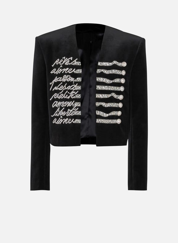 Spencer en velours avec broderie lettre d'amour Noir by BALMAIN BALMAIN Spencer en velours avec broderie lettre d'amour Noir