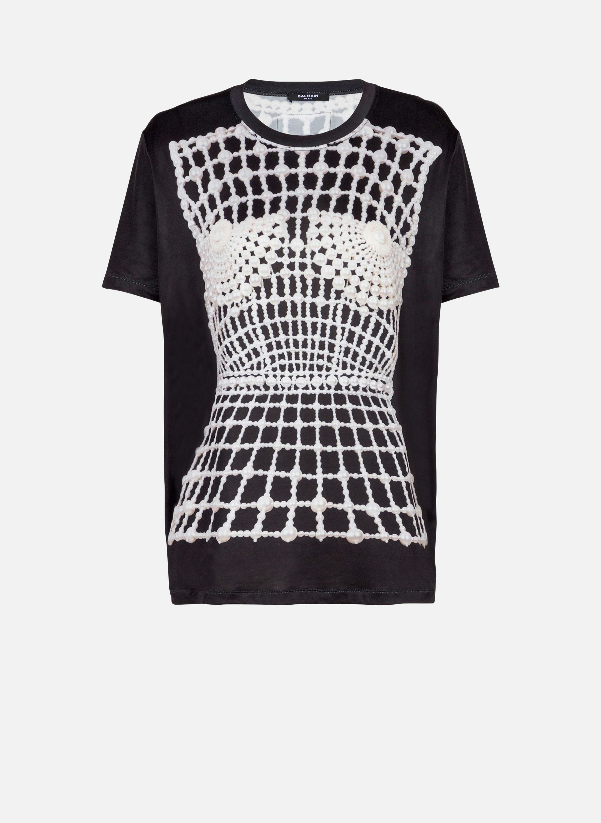T-shirt fluide imprimé trompe-l'œil broderie BALMAIN Noir