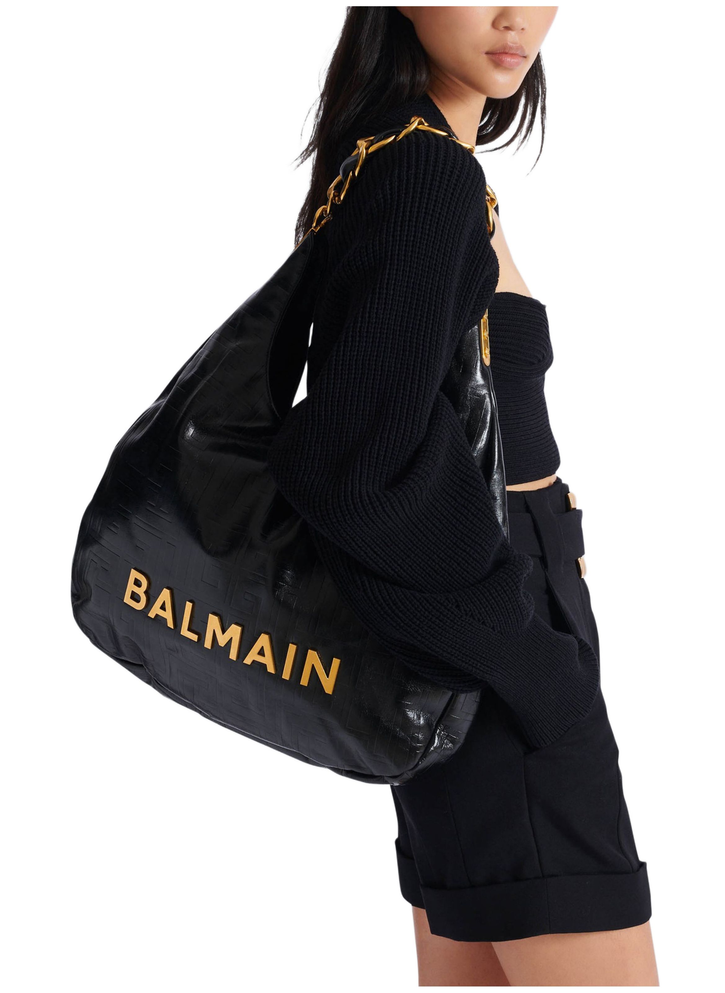 Sac cabas 1945 soft hobo en cuir froissé monogrammé BALMAIN Noir