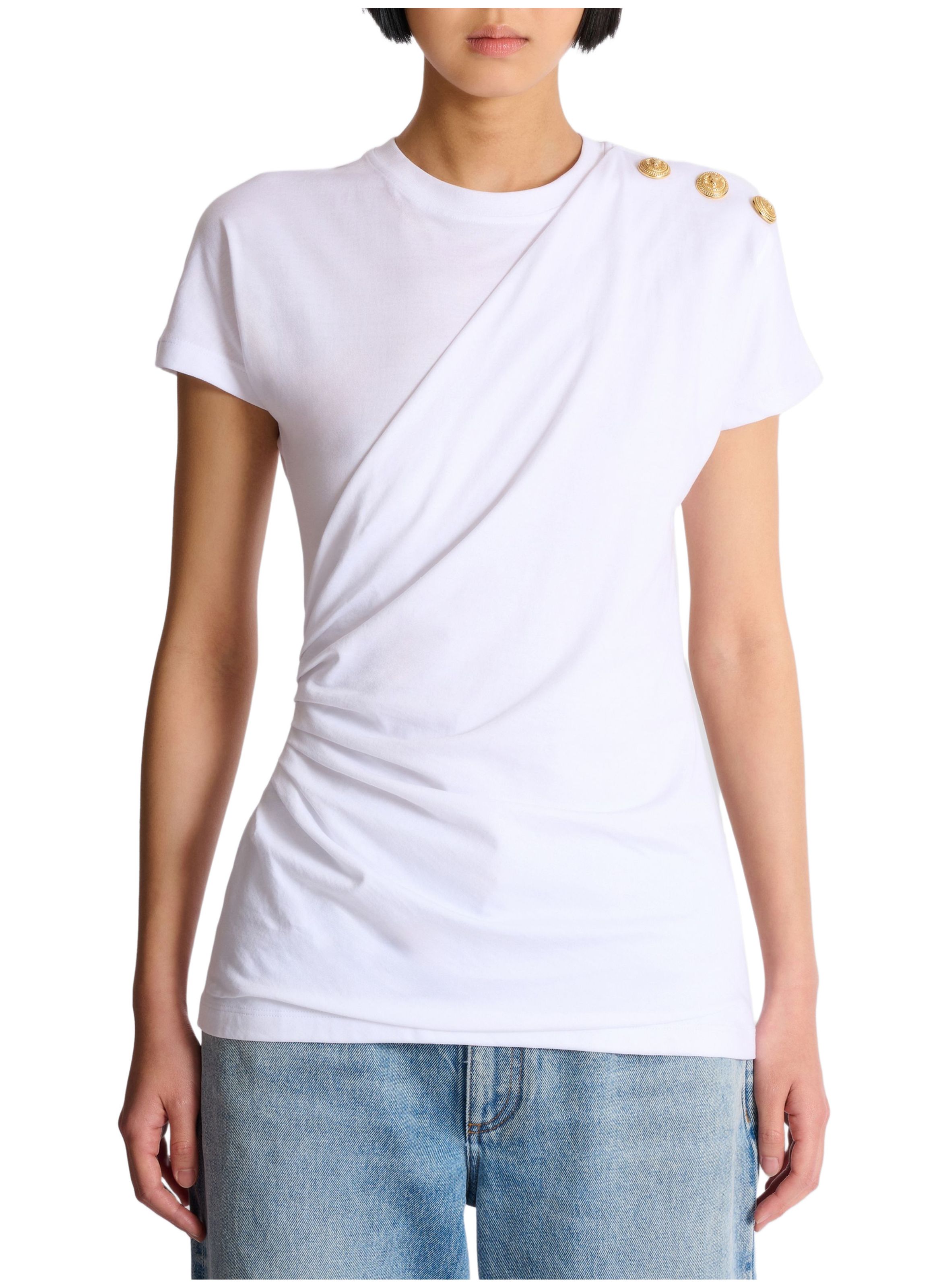 T-shirt drapé avec boutons BALMAIN Blanc