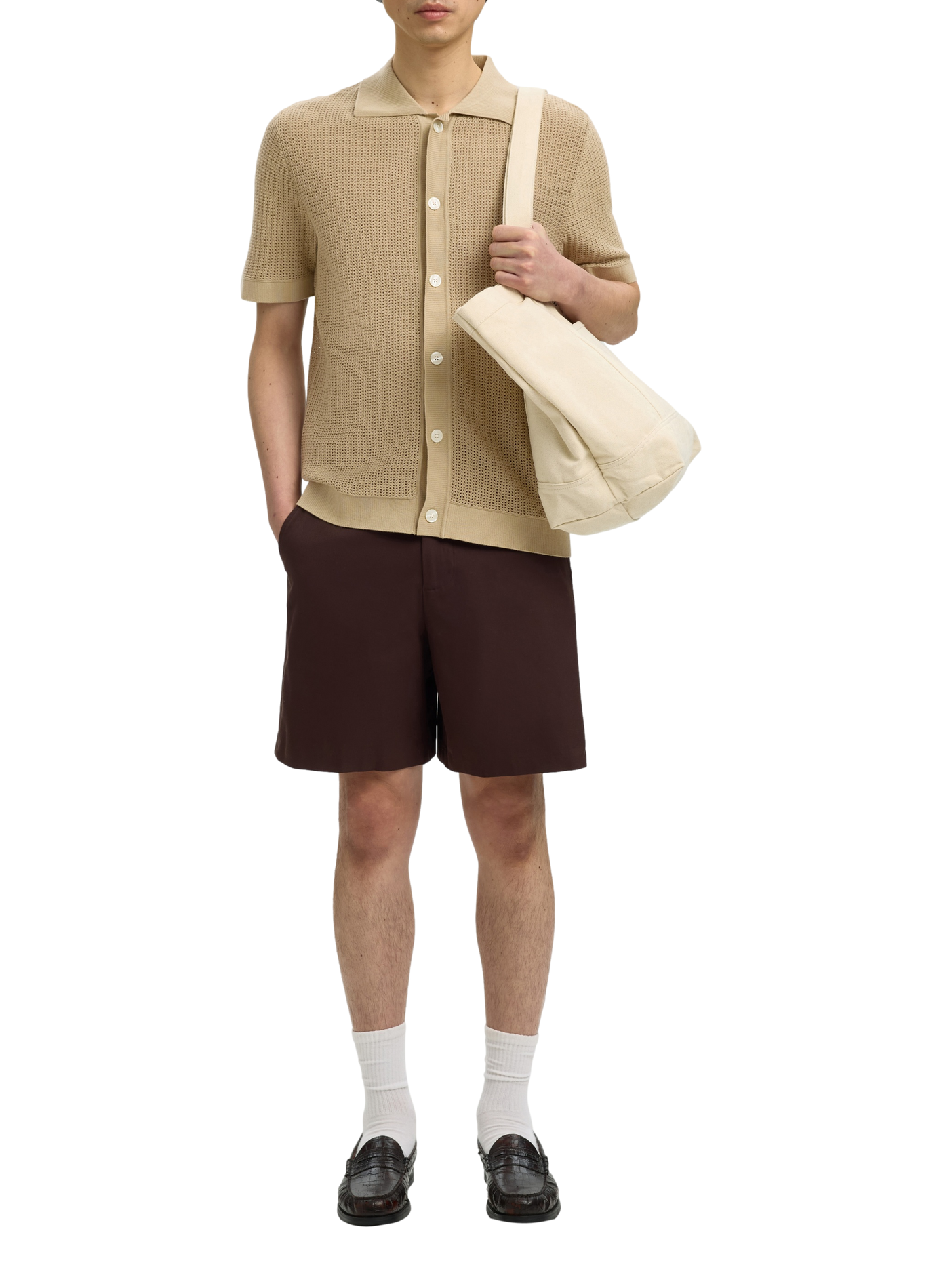 Short-sleeve cotton knit polo SELECTED Beige