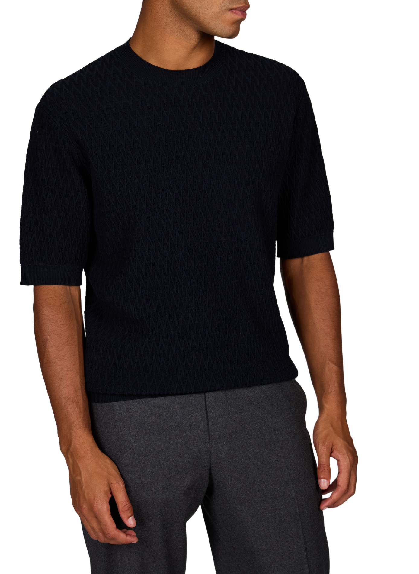 Pull à manches courtes à chevrons en maille de coton EMPORIO ARMANI Bleu