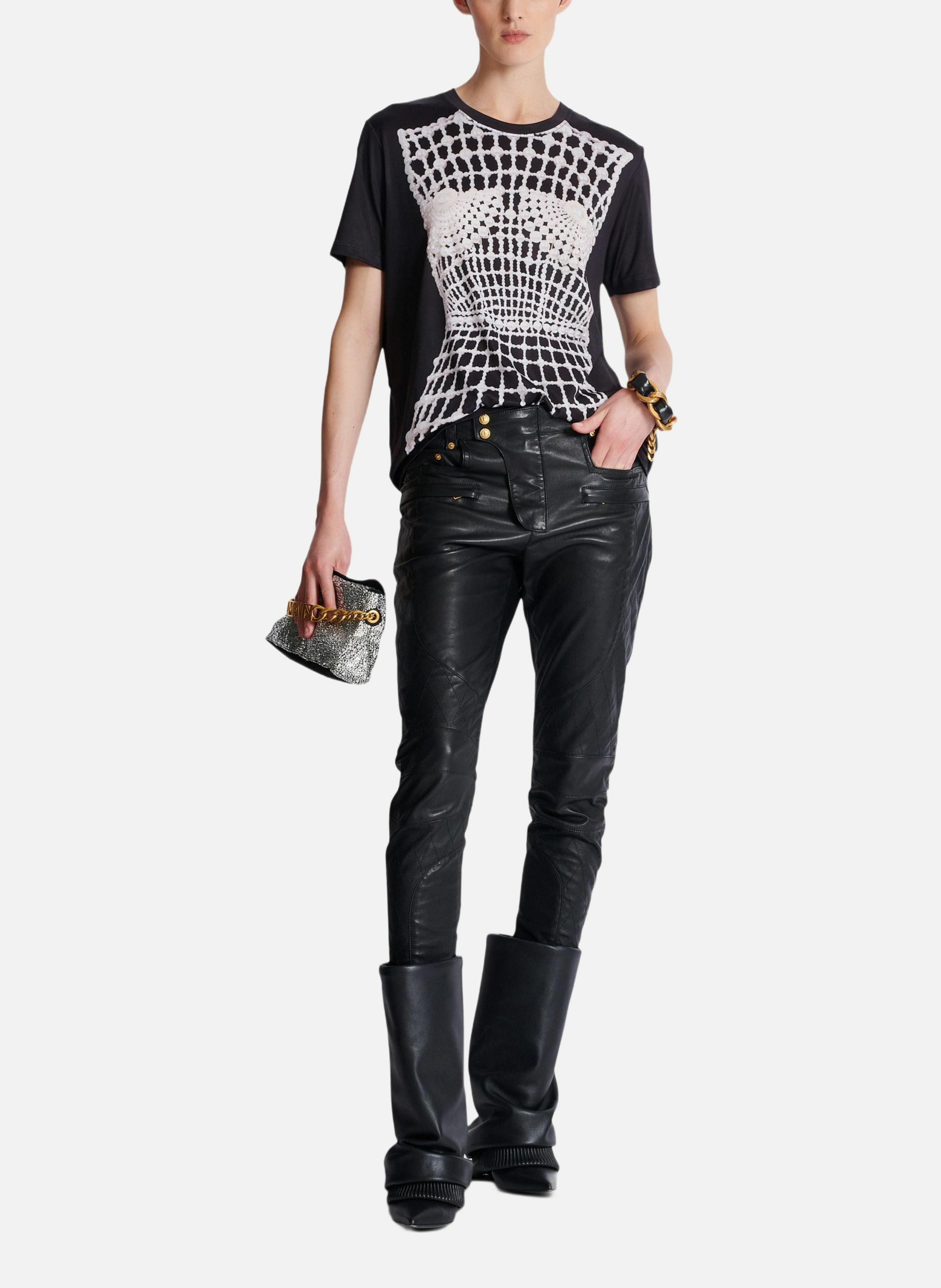 T-shirt fluide imprimé trompe-l'œil broderie BALMAIN Noir