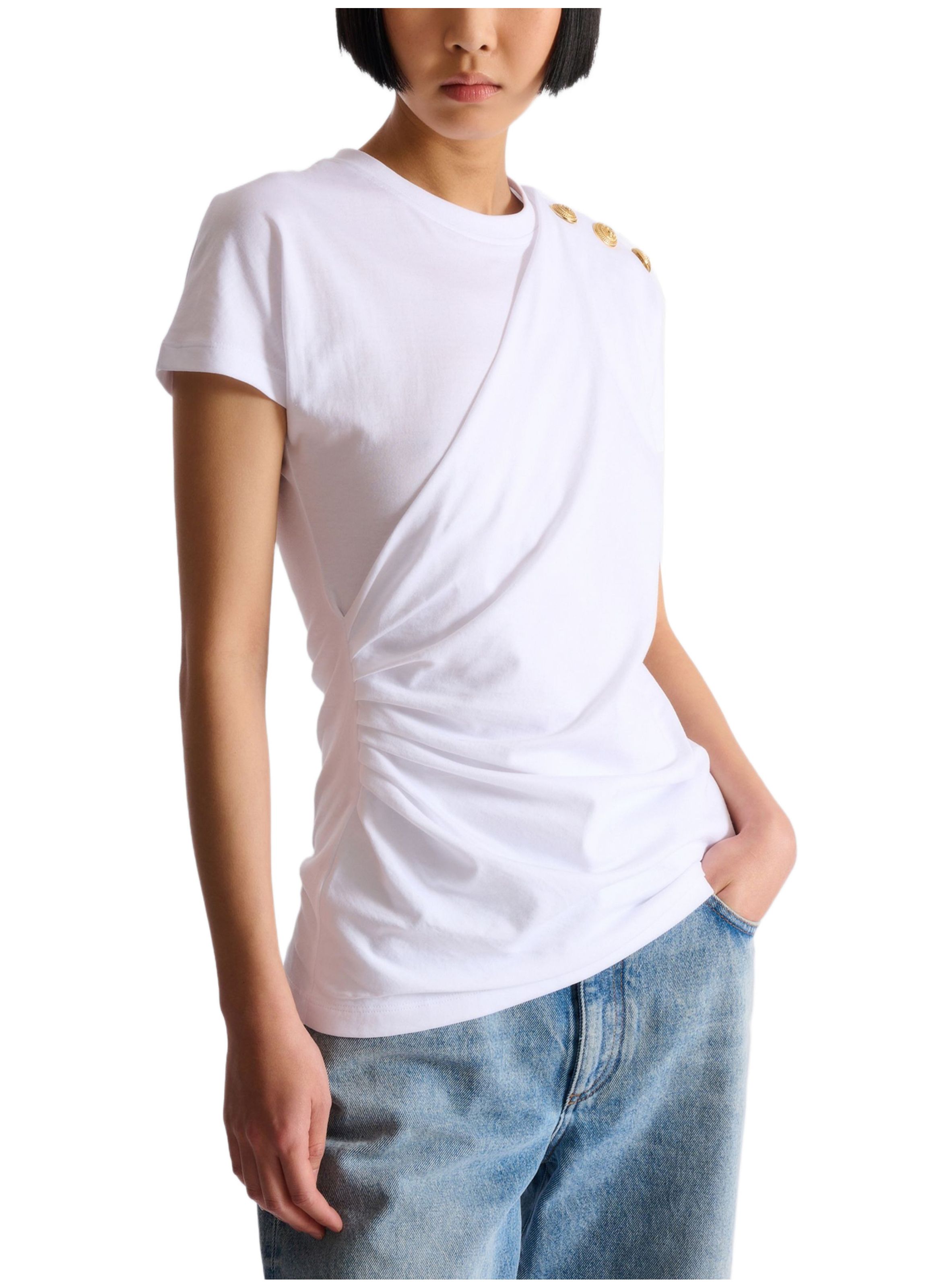 T-shirt drapé avec boutons BALMAIN Blanc