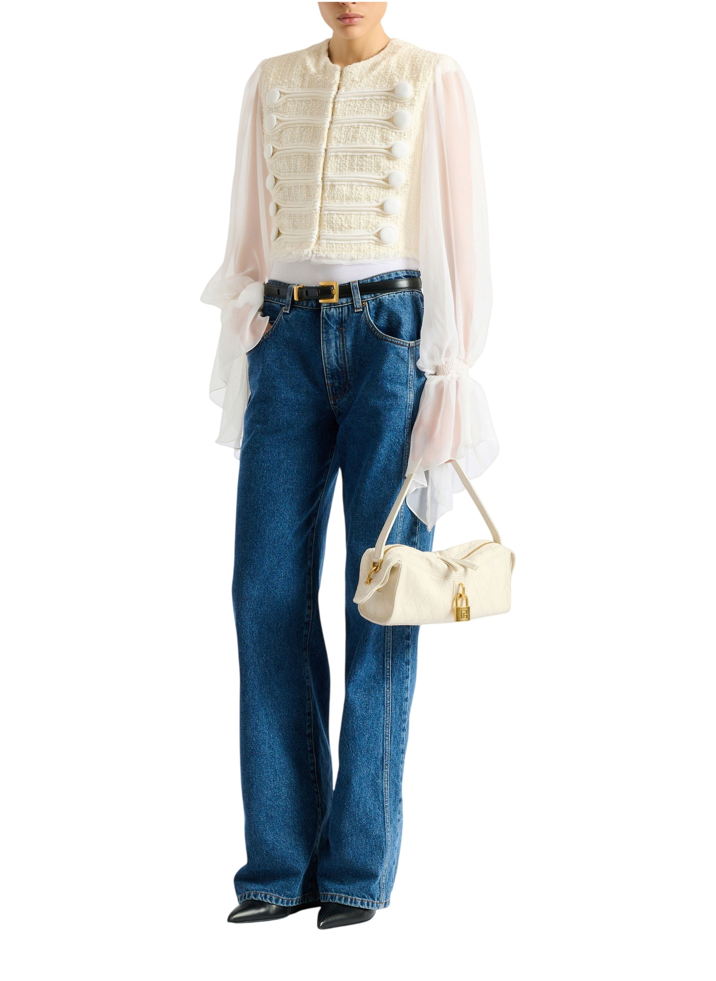 Sac pulse small en cuir lisse surpiqué BALMAIN Blanc