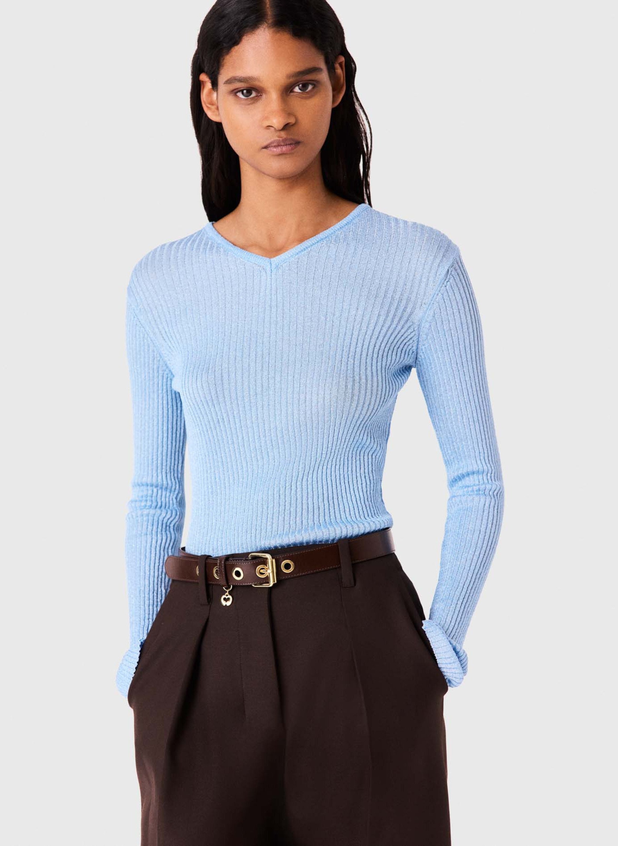 Pull slim à maille fine côtelée MAJE Bleu