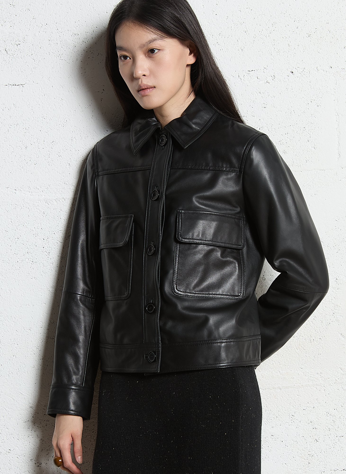 Veste droite boutonnée en cuir pacha MAISON 123 Noir