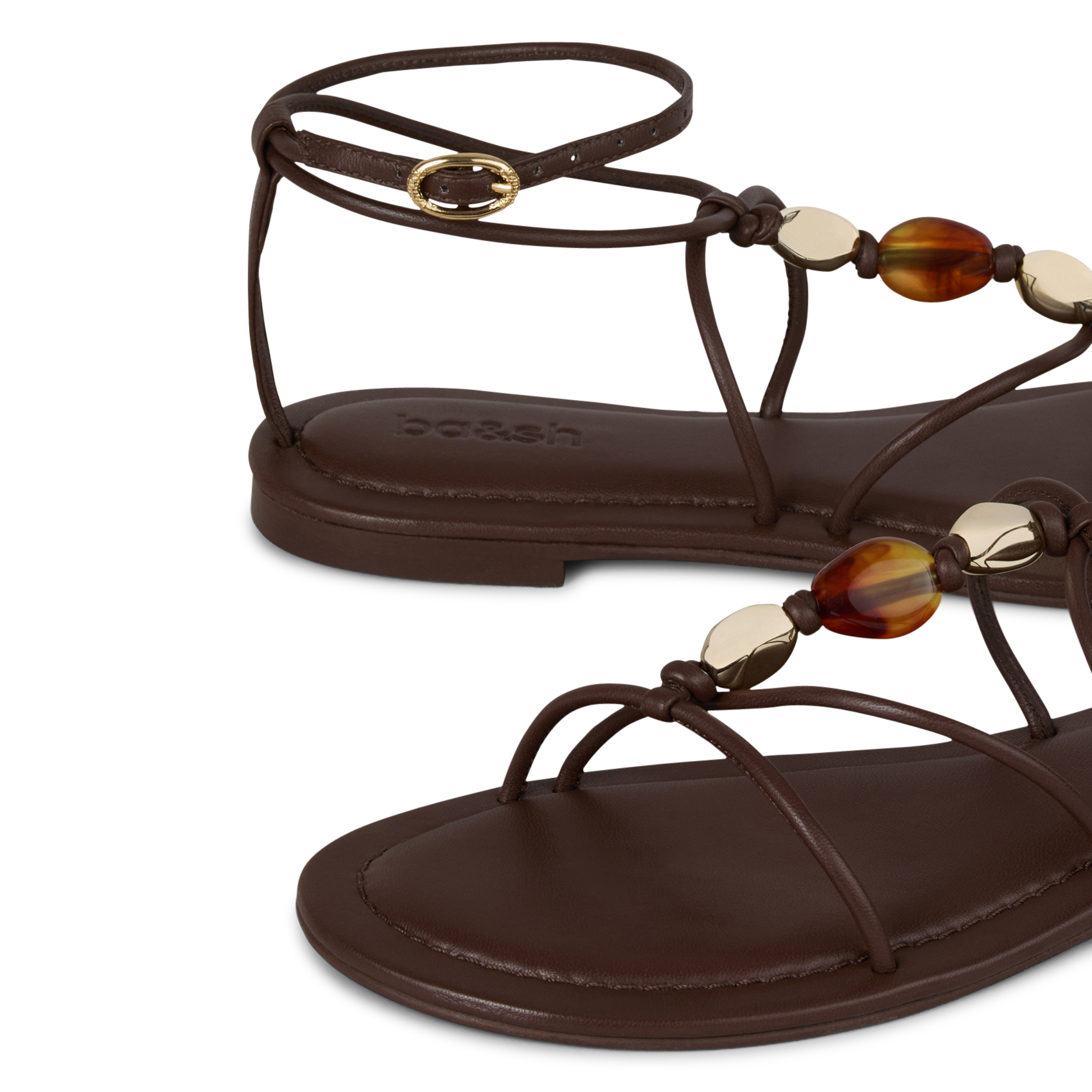 Sandales plates à perles en cuir caya BA&SH Marron