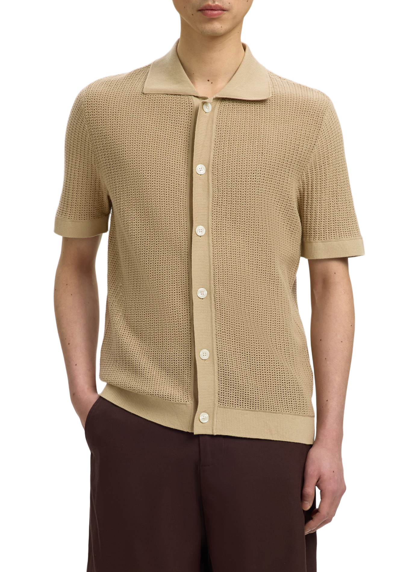 Short-sleeve cotton knit polo SELECTED Beige