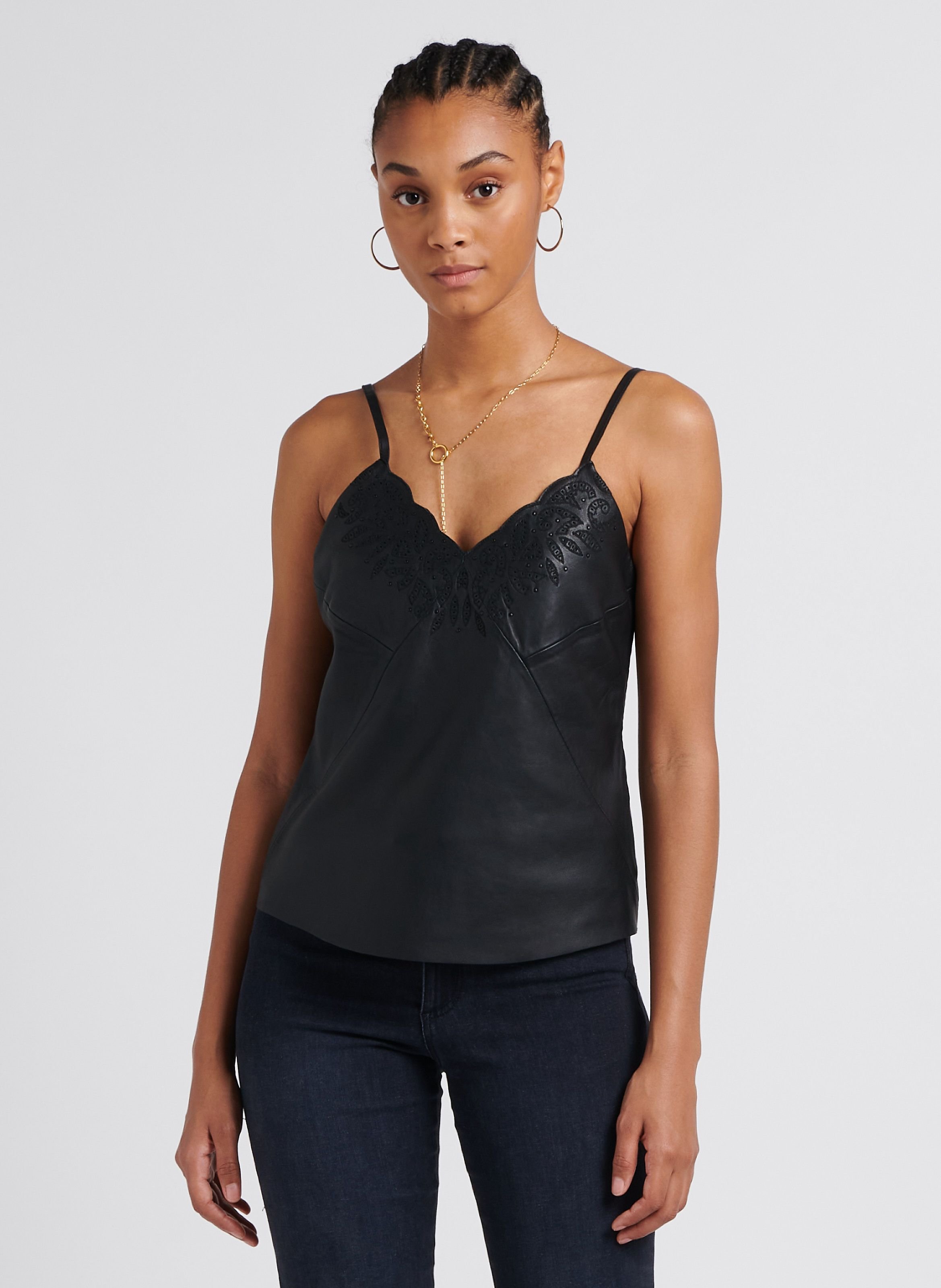 Top droit col v en cuir