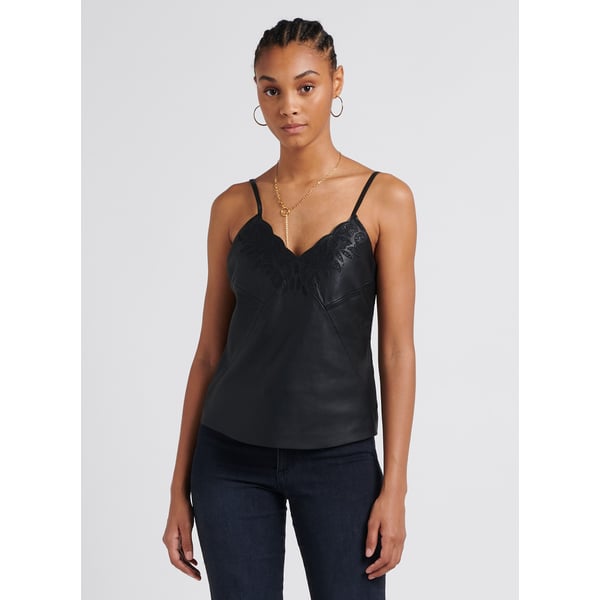 Top droit col v en cuir