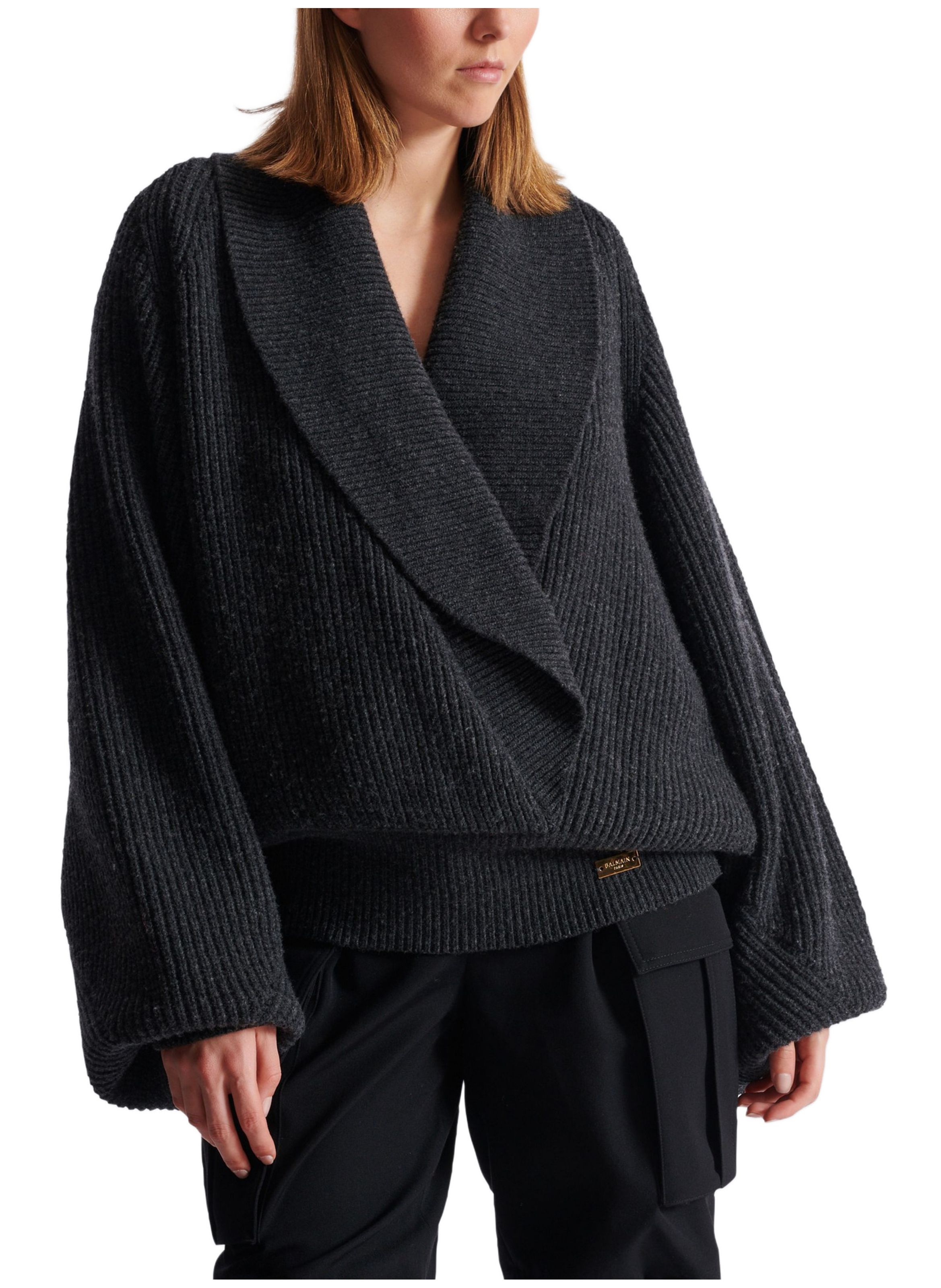 Pull oversize cache-cœur en maille BALMAIN Gris
