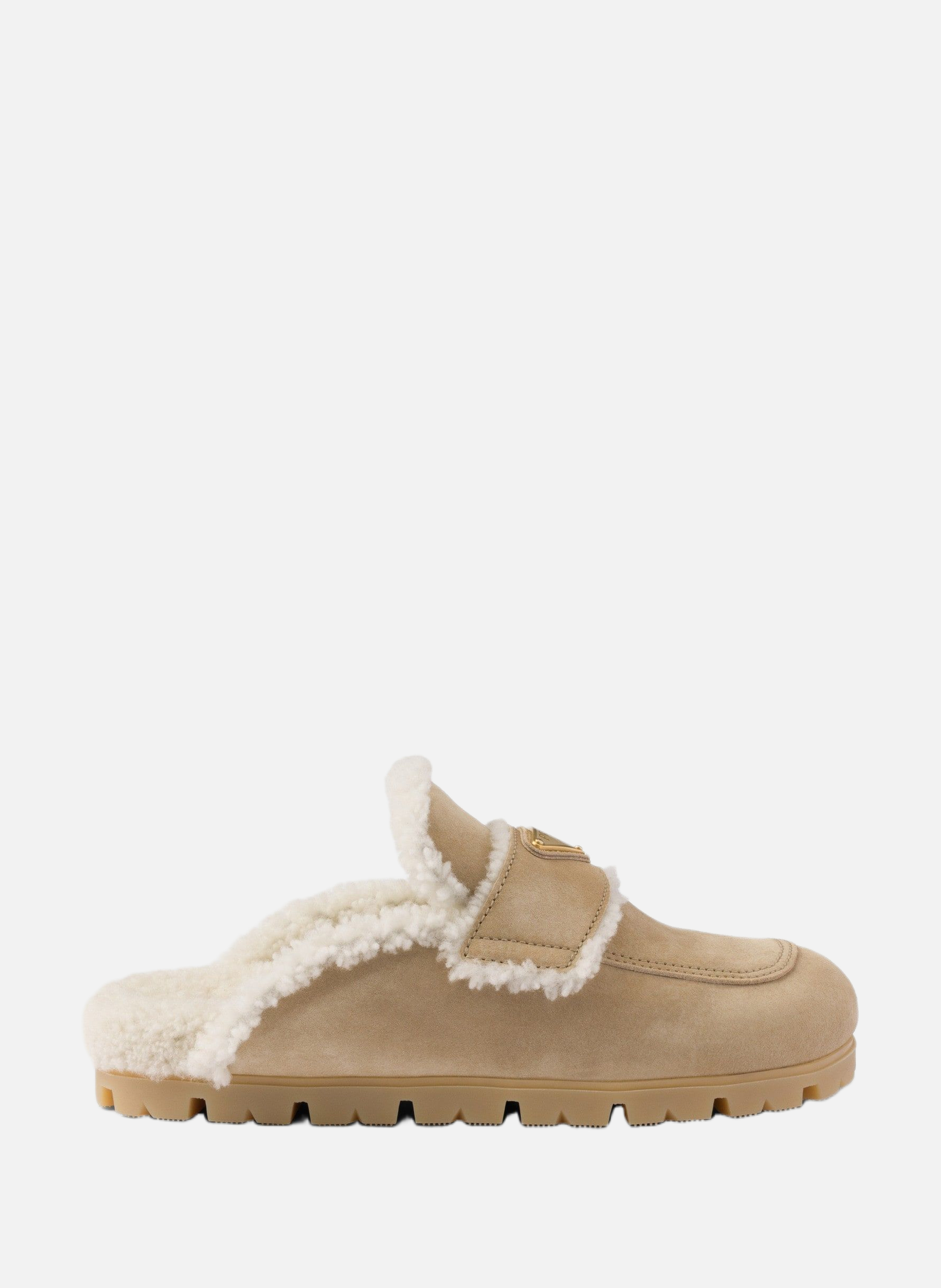 Pantoufles en veau velours et peau de mouton PRADA Beige