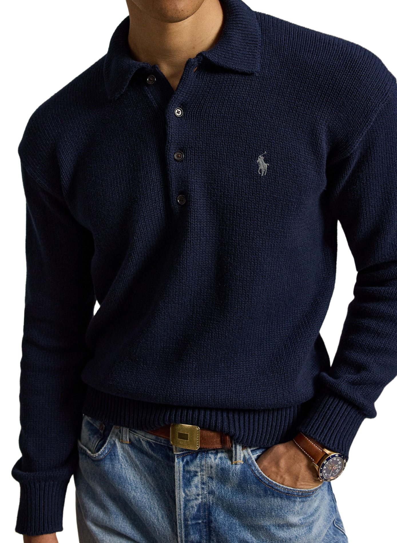 Pull droit col polo en coton POLO RALPH LAUREN Bleu