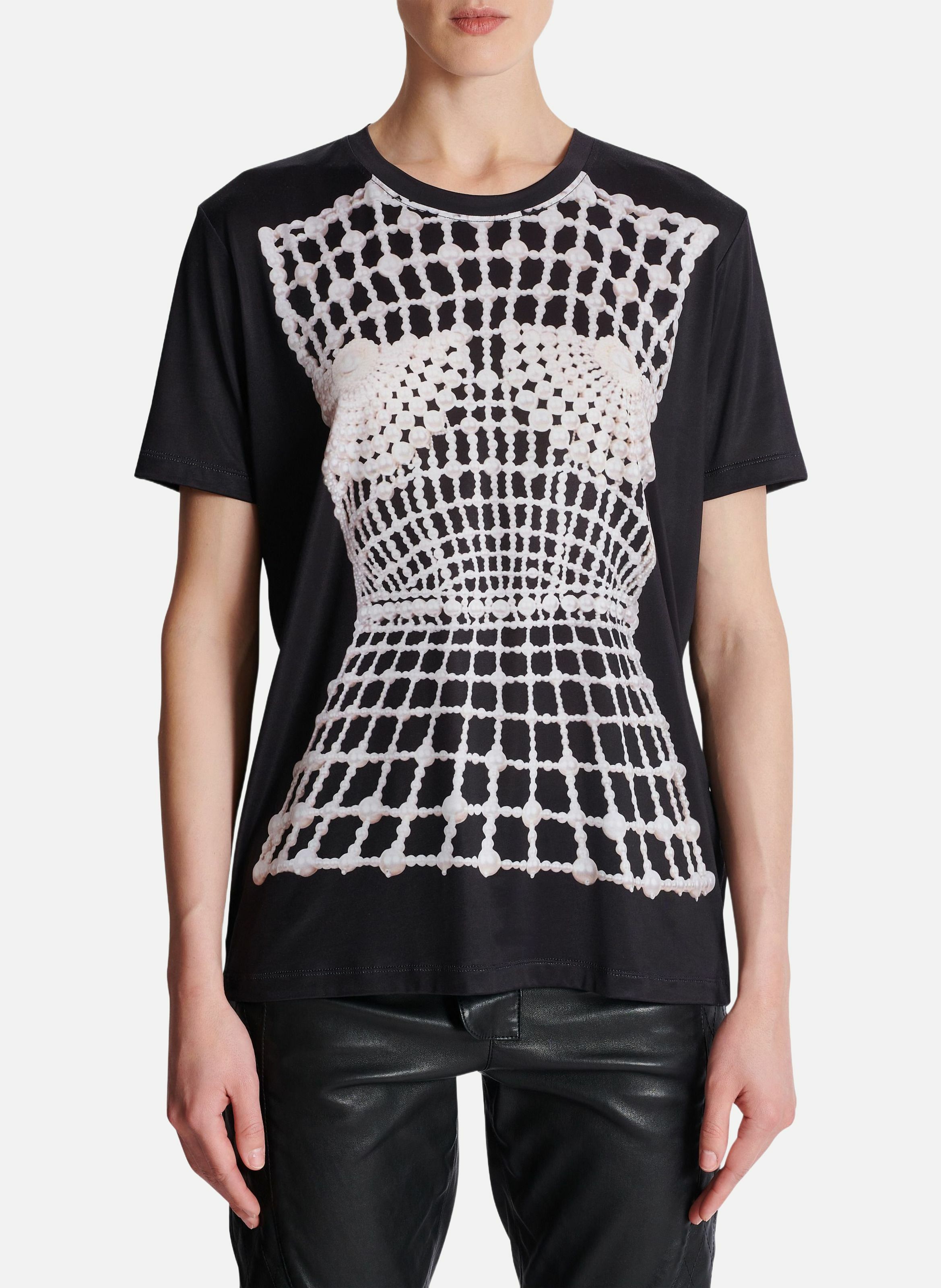 T-shirt fluide imprimé trompe-l'œil broderie BALMAIN Noir