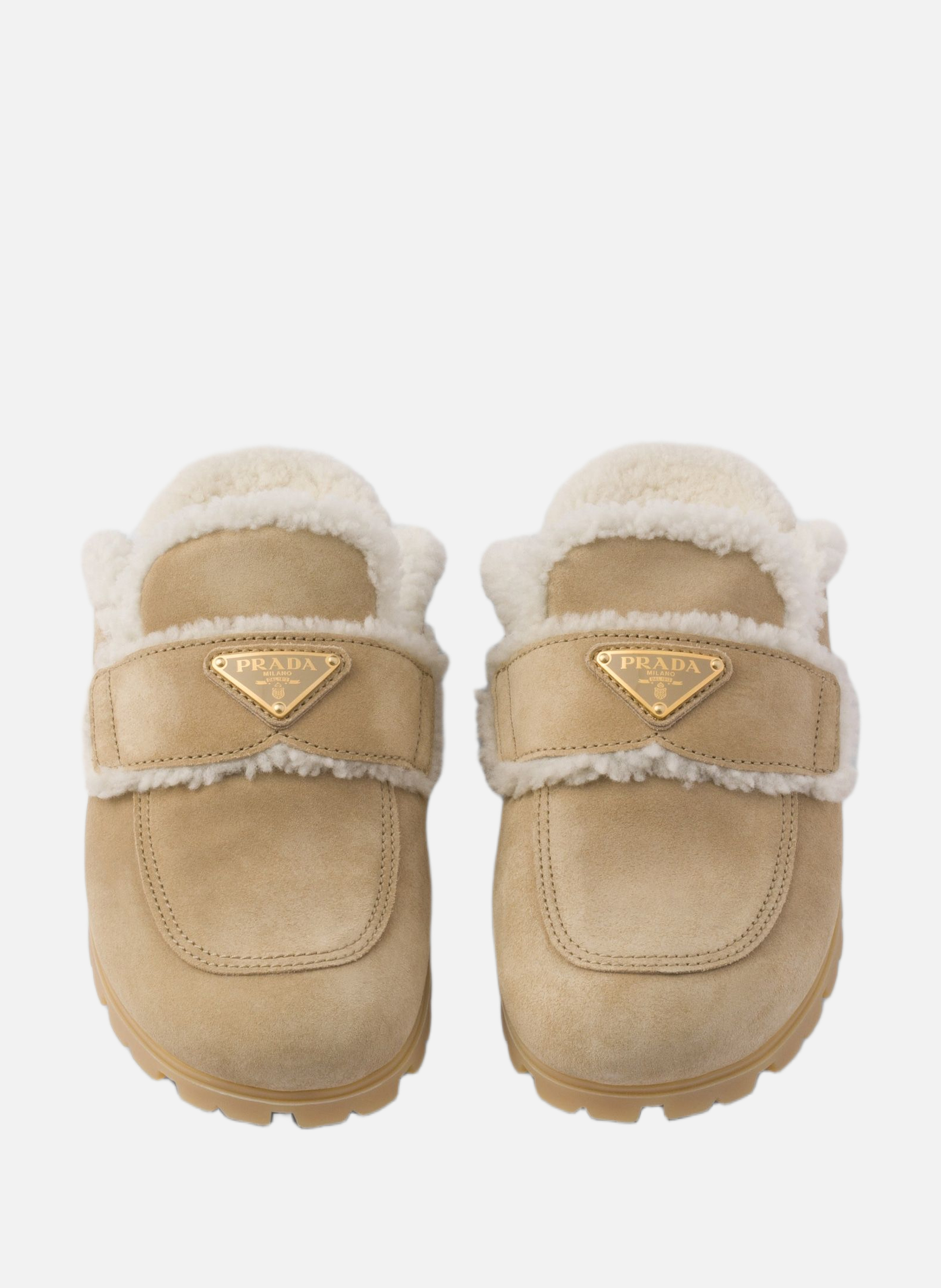 Pantoufles en veau velours et peau de mouton PRADA Beige