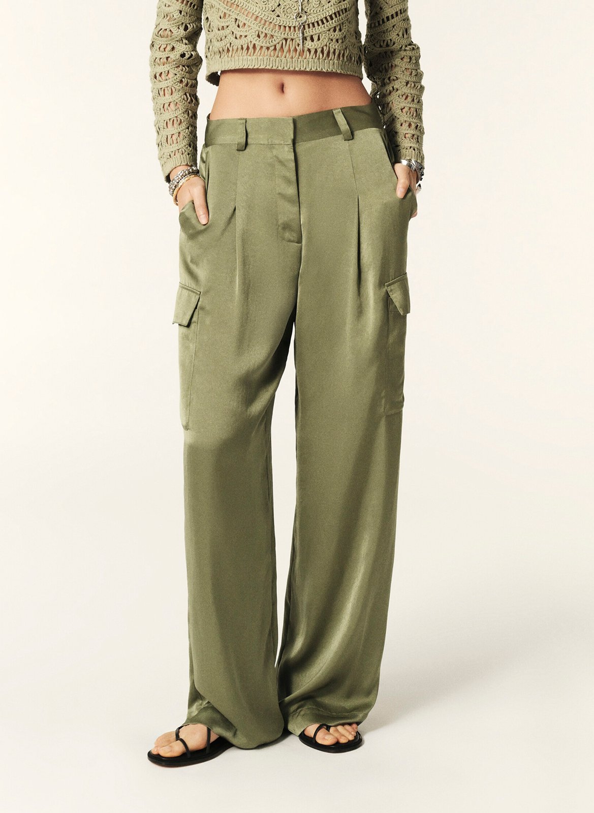 BA&SH Pantalon large effet satiné cary Kaki