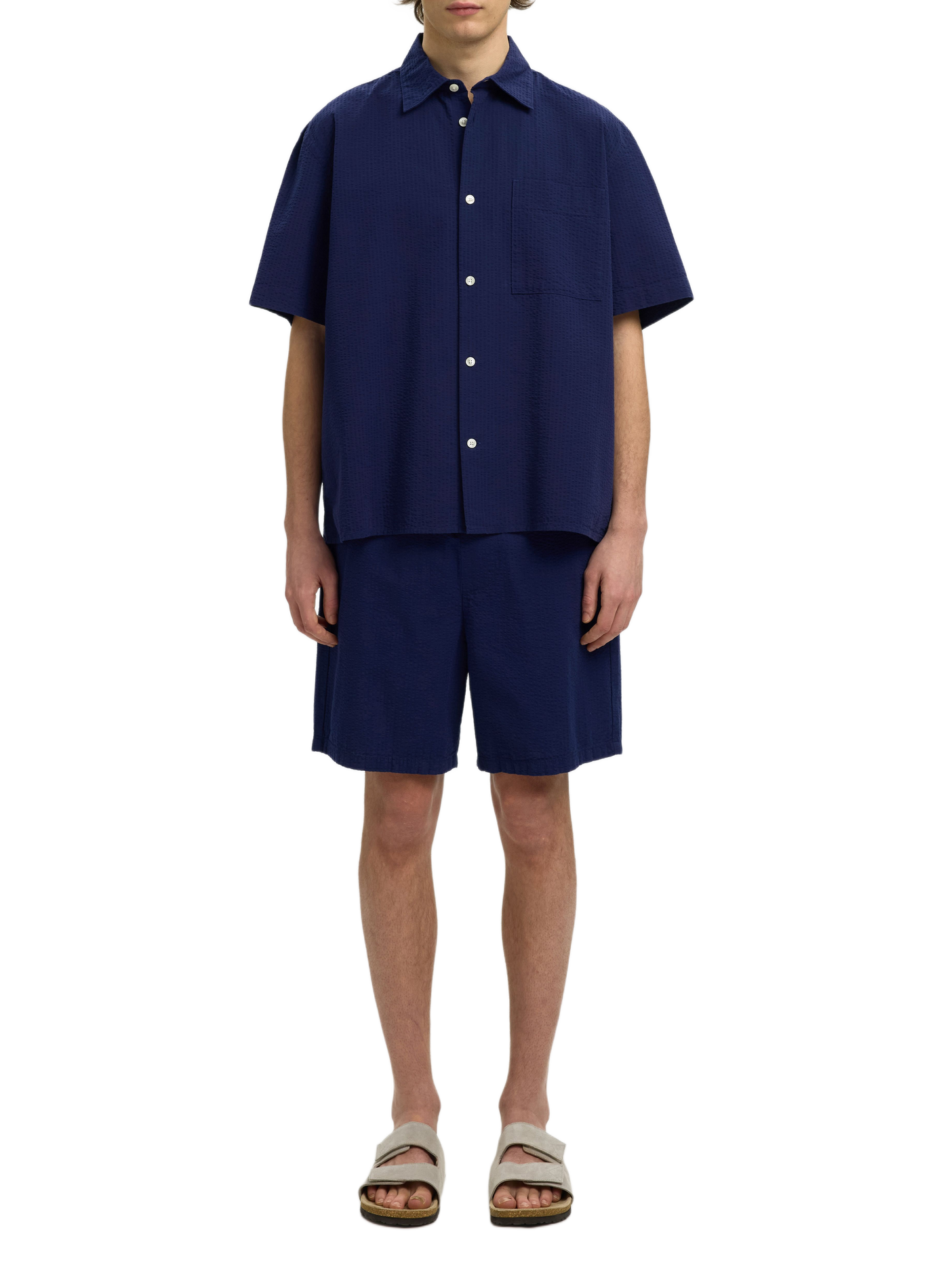 Short-sleeved textured cotton shirt SELECTED Blue