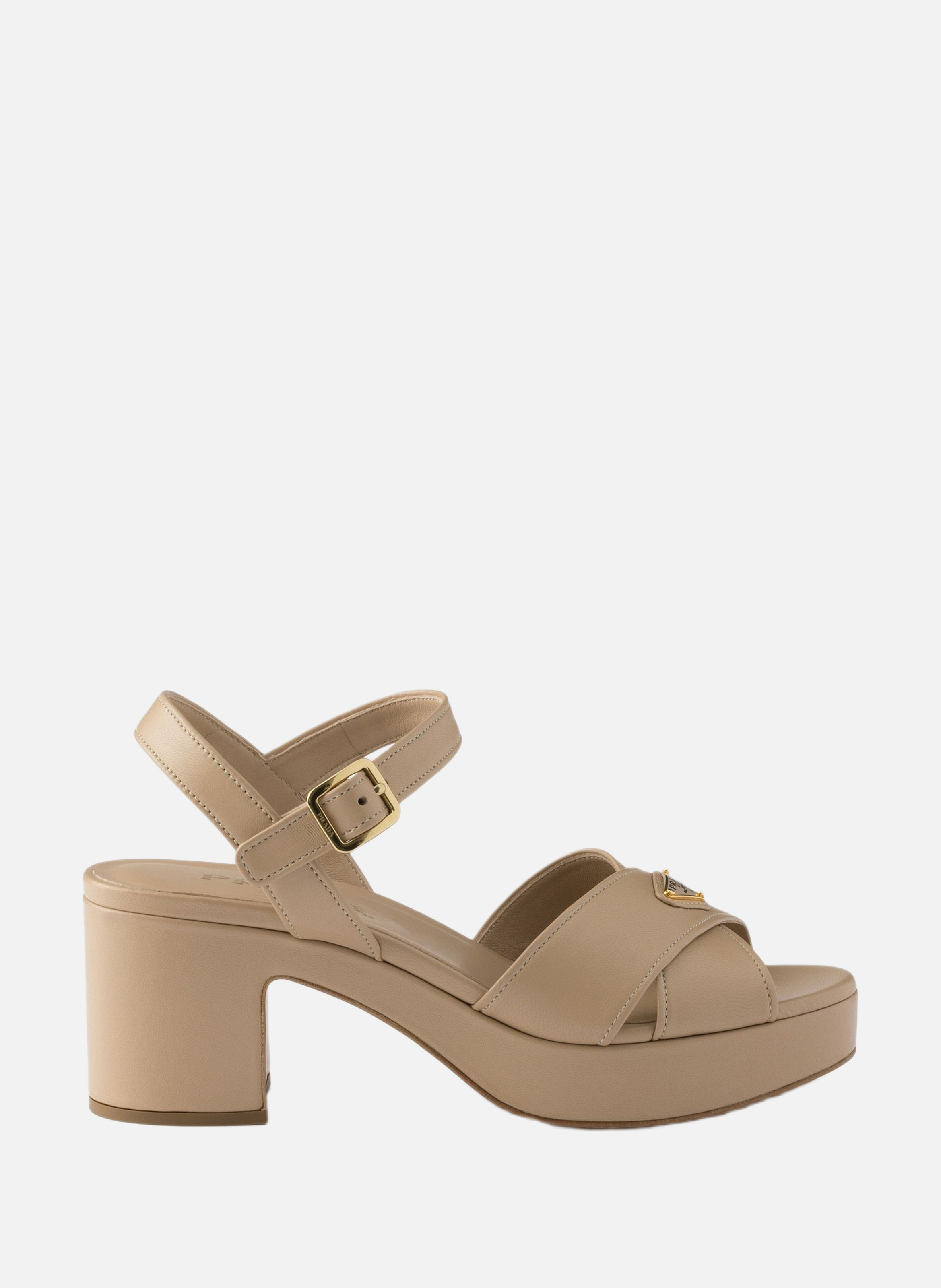 Sandales compensées en cuir nappa PRADA Beige