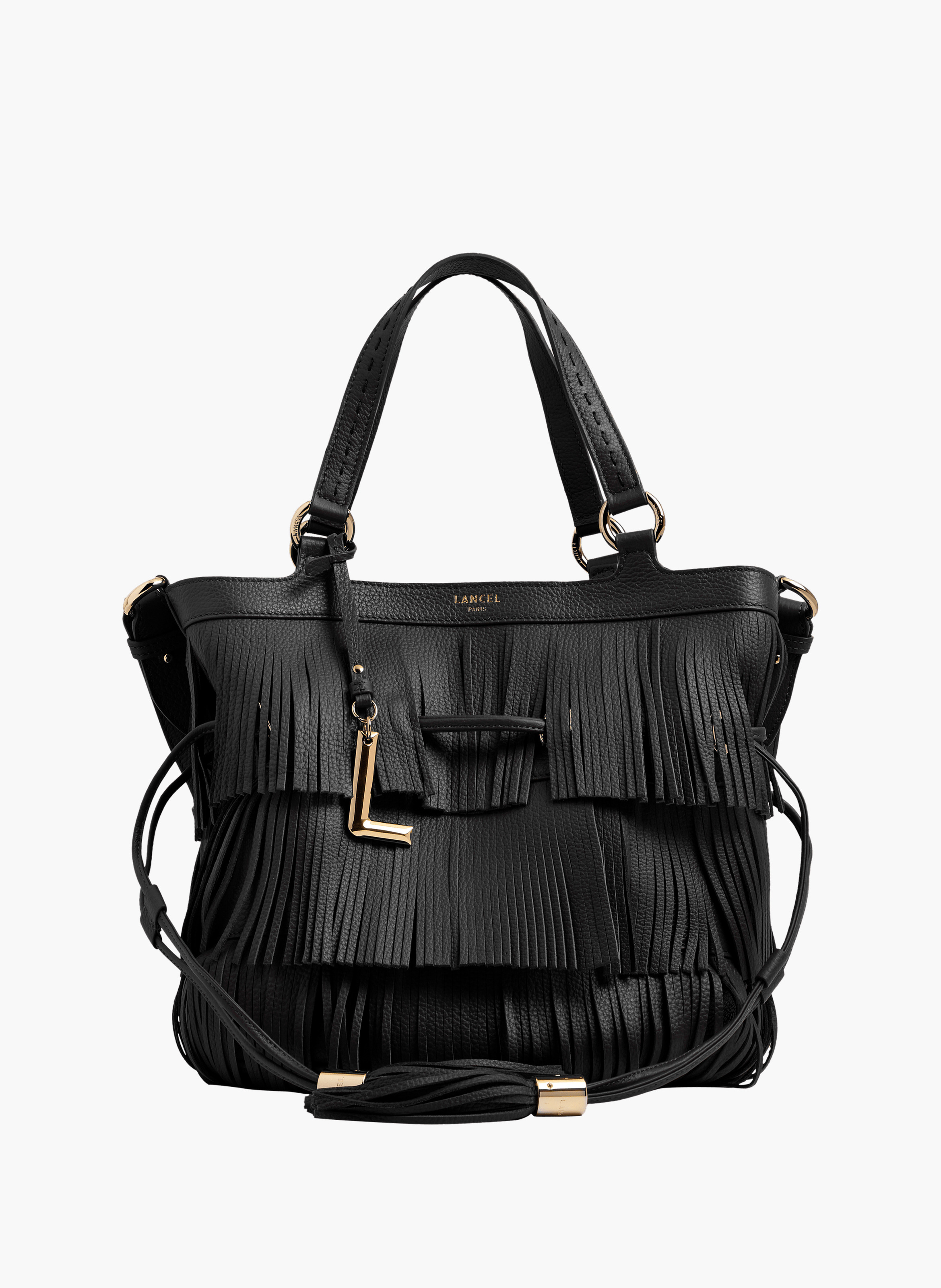 Sac seau premier flirt de lancel en animation 150y franges : cuir de vachette graine LANCEL Noir
