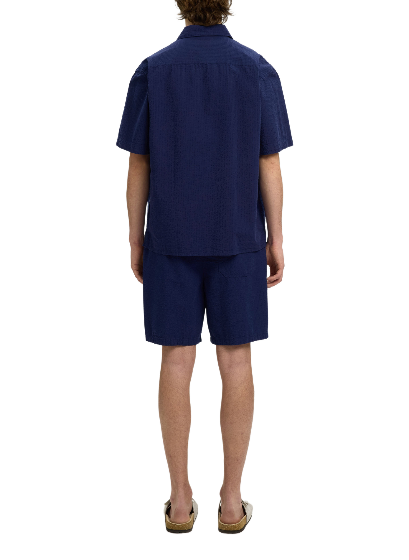Short-sleeved textured cotton shirt SELECTED Blue