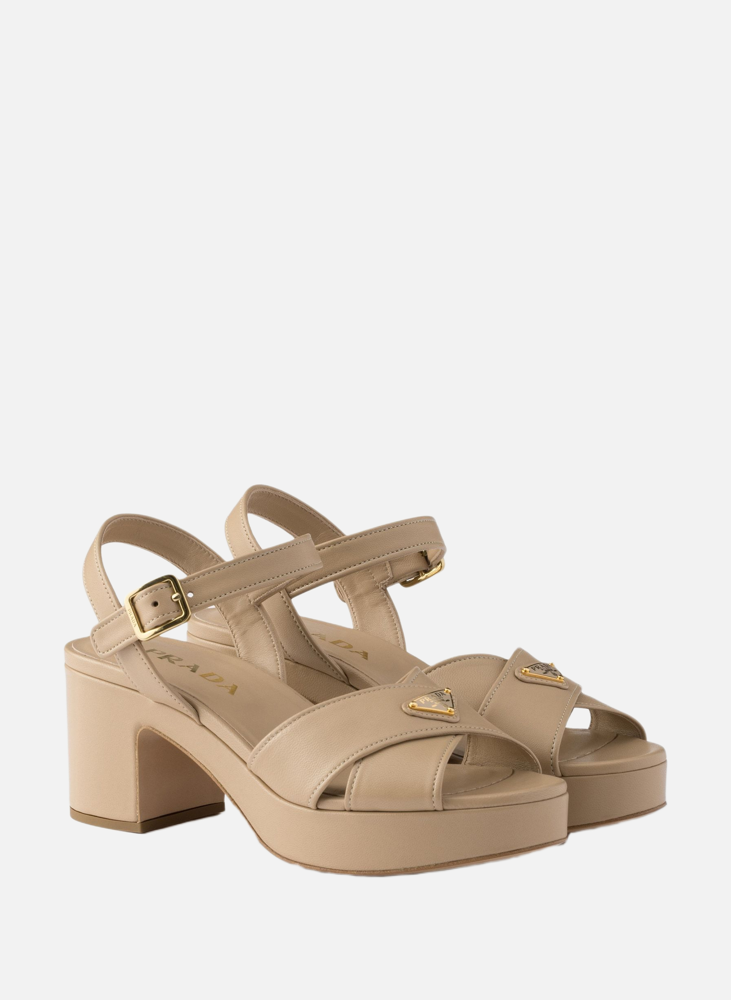 Sandales compensées en cuir nappa PRADA Beige