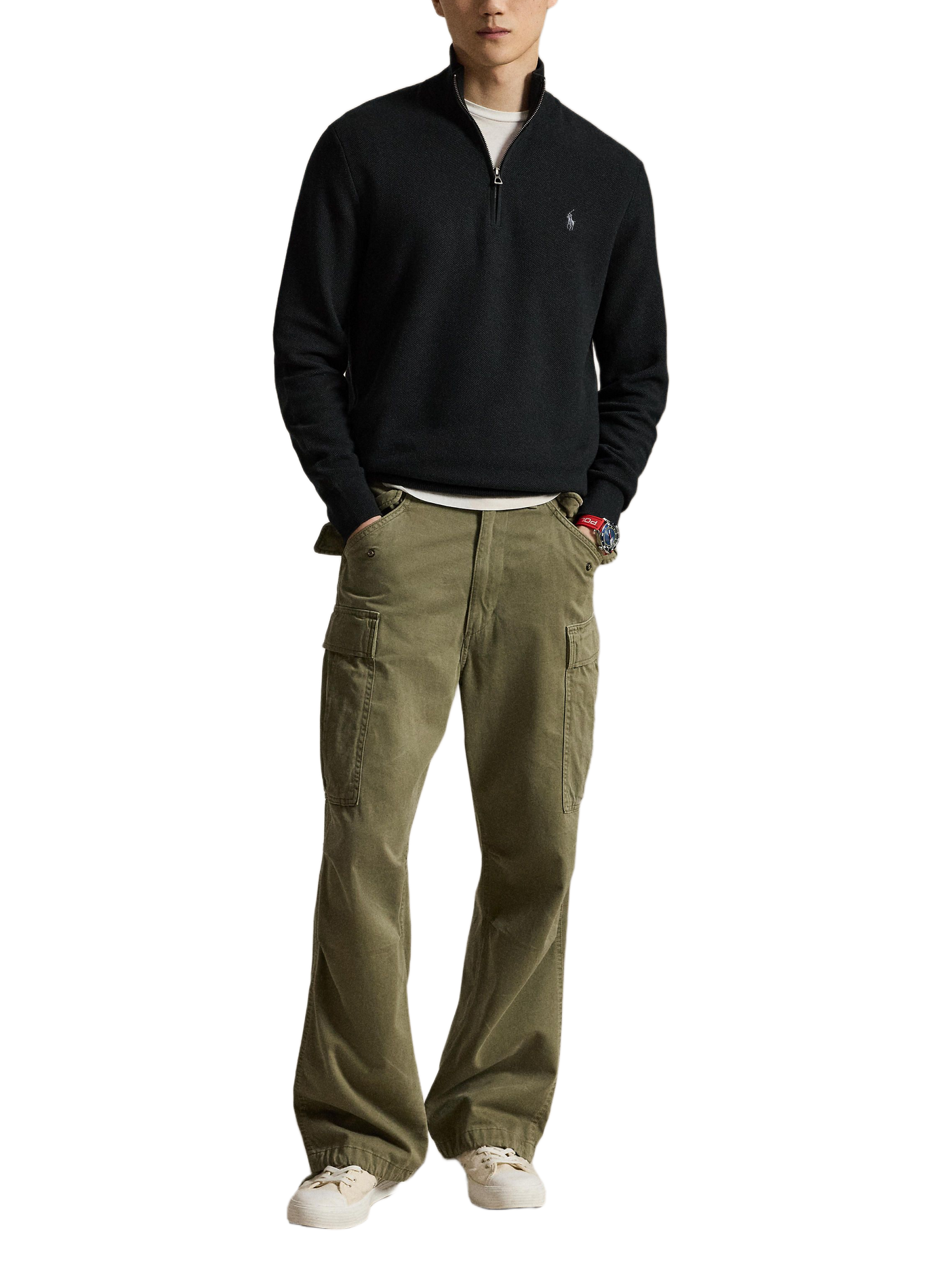 Cotton textured knit zip-up sweater. POLO RALPH LAUREN Black