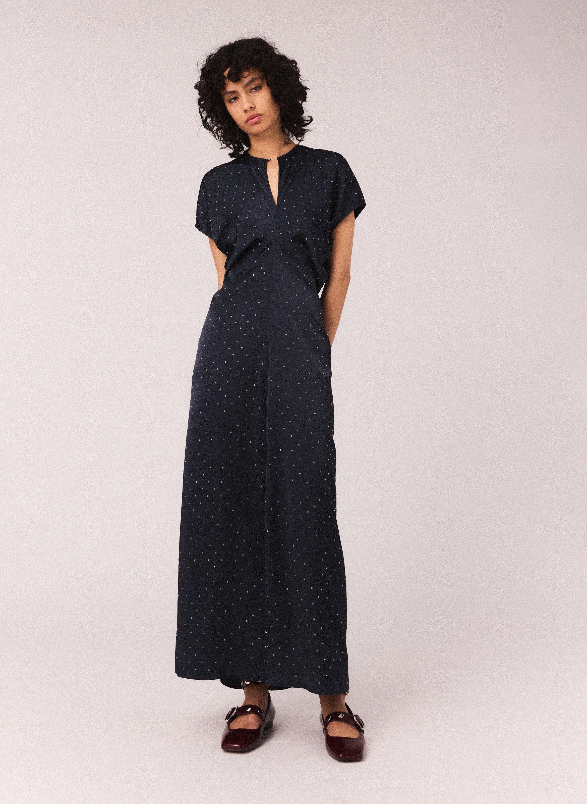 Robe longue col v à oeillets Bleu