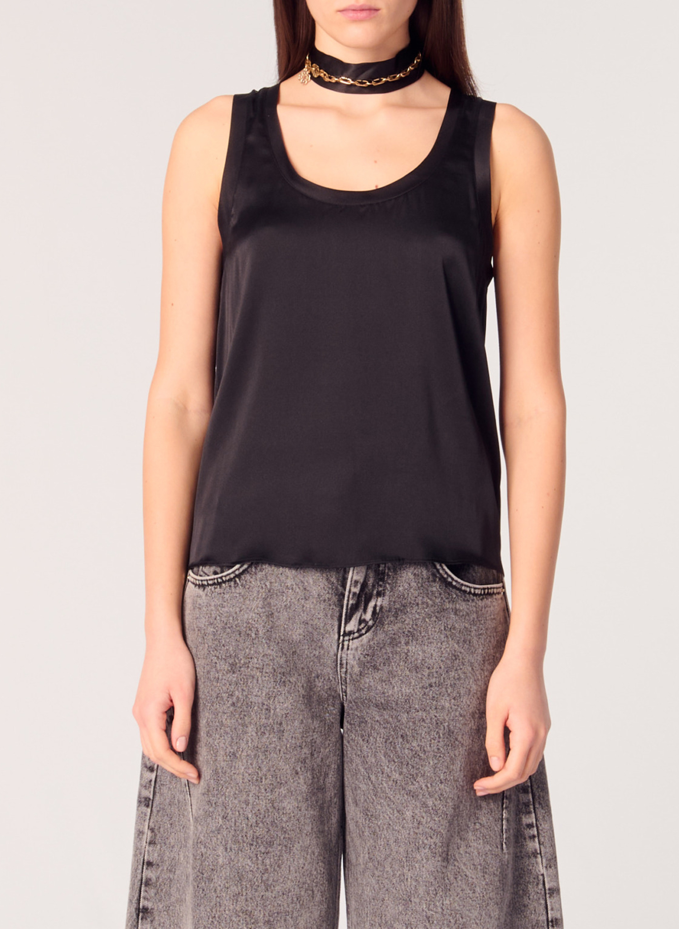 Débardeur col rond droit en soie mélangé MAJE Noir