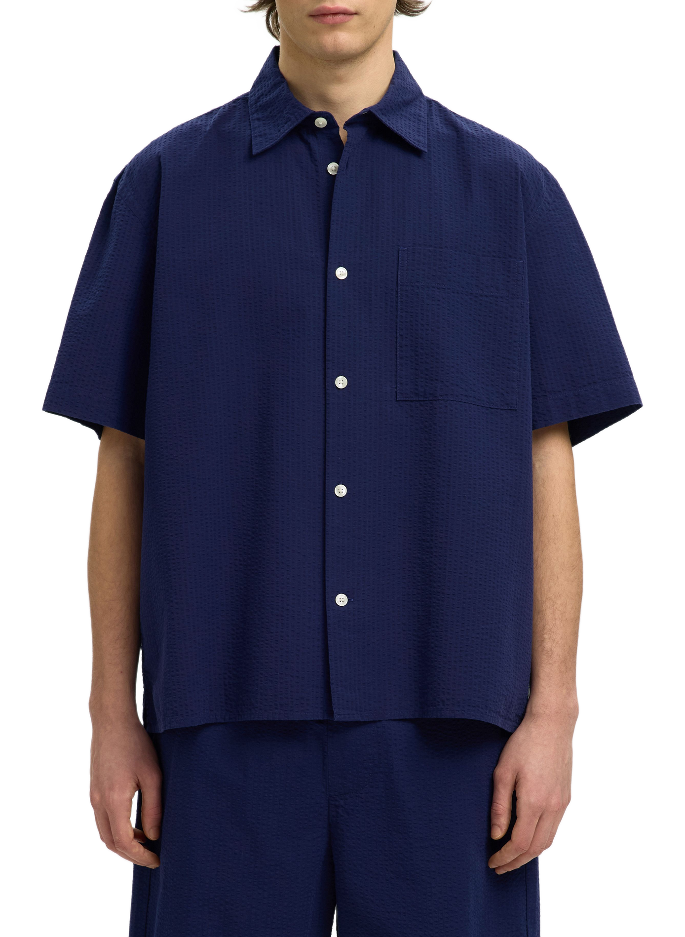 Short-sleeved textured cotton shirt SELECTED Blue