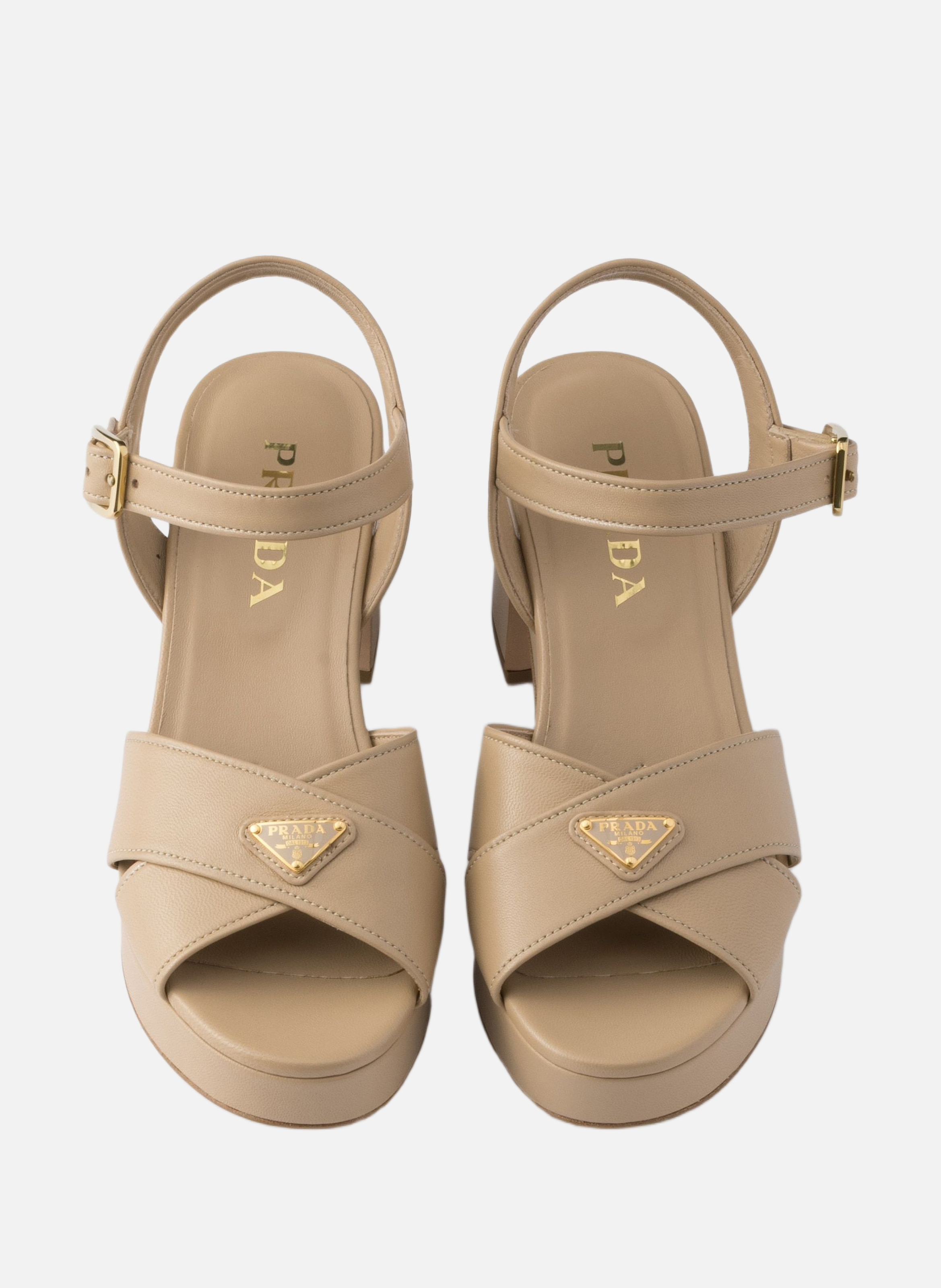 Sandales compensées en cuir nappa PRADA Beige