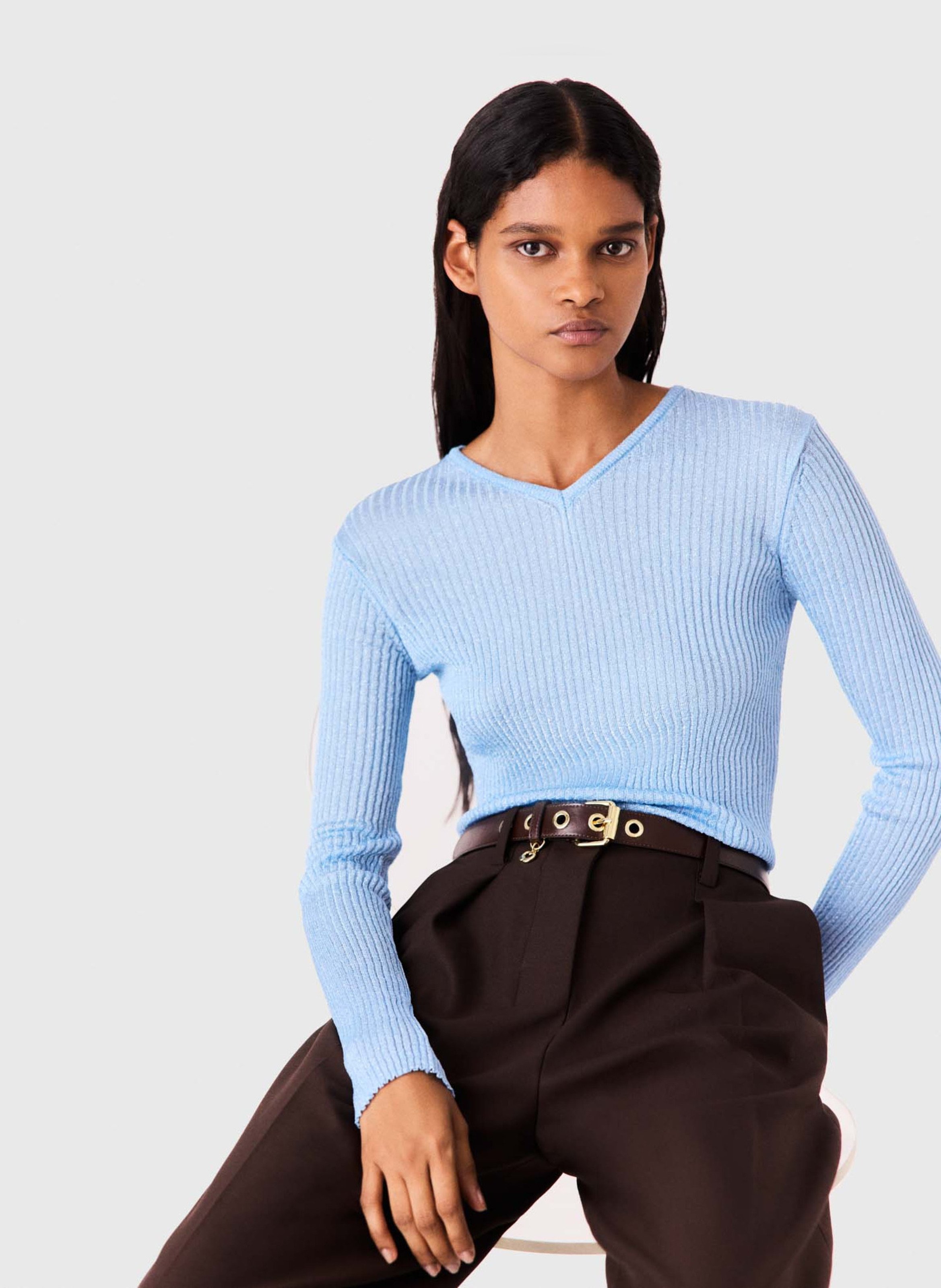 Pull slim à maille fine côtelée MAJE Bleu