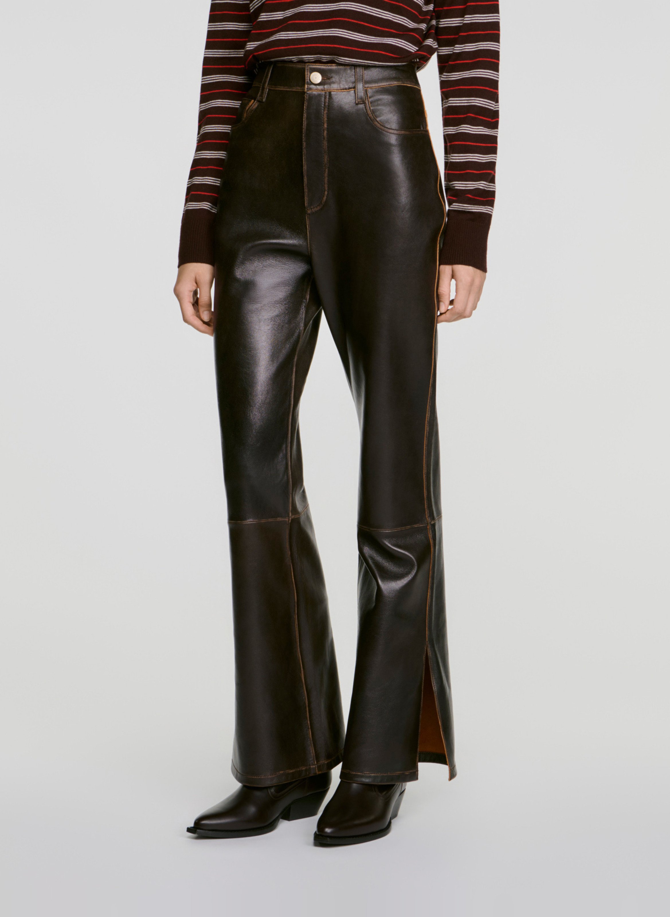 Pantalon évasé en cuir SANDRO Marron