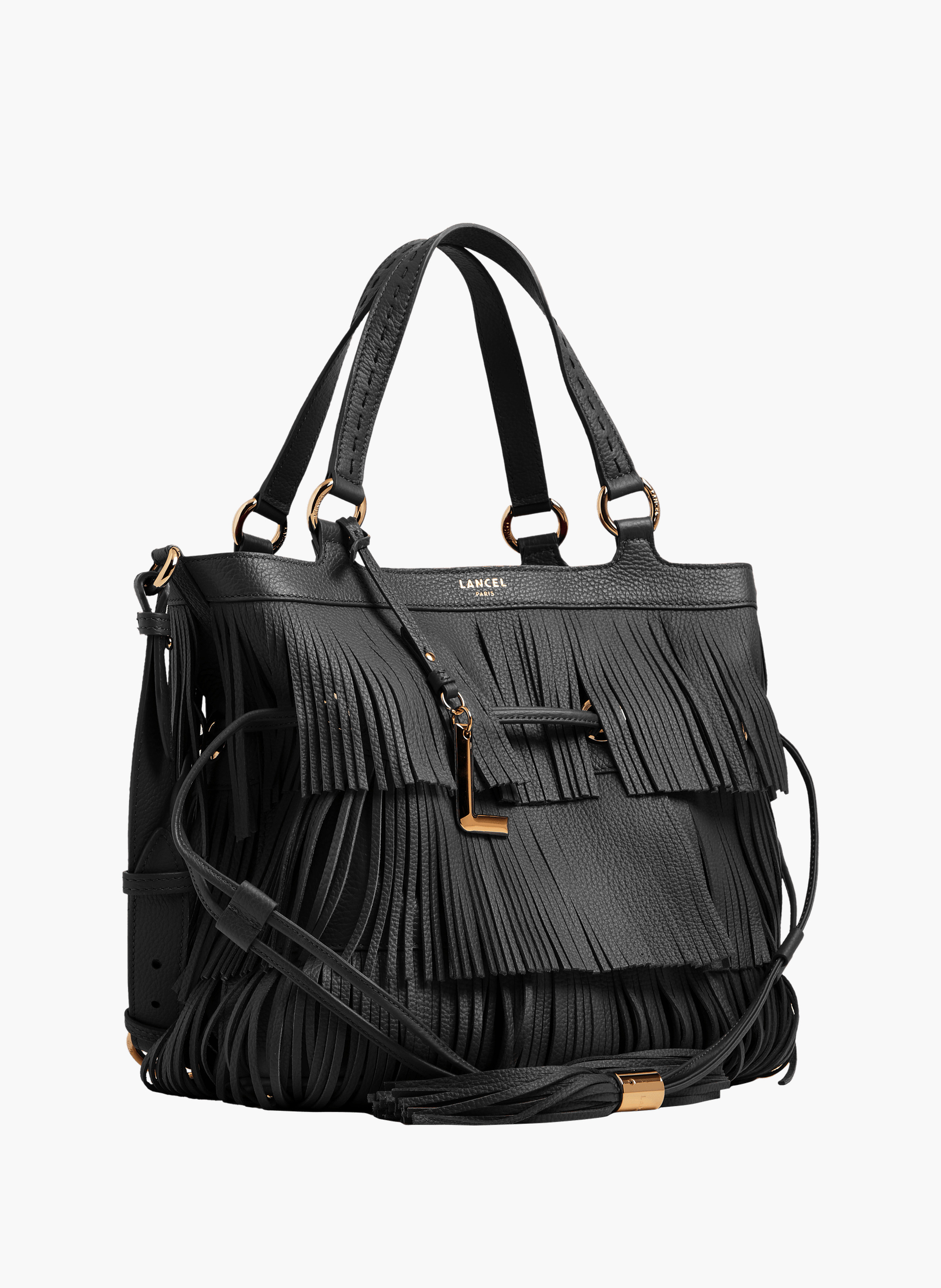 Sac seau premier flirt de lancel en animation 150y franges : cuir de vachette graine LANCEL Noir
