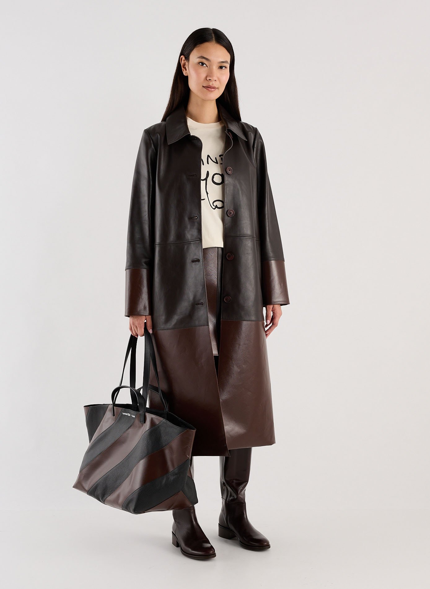 Veste longue Saison 1865 x Cahu en cuir bi-matière SAISON 1865 Marron