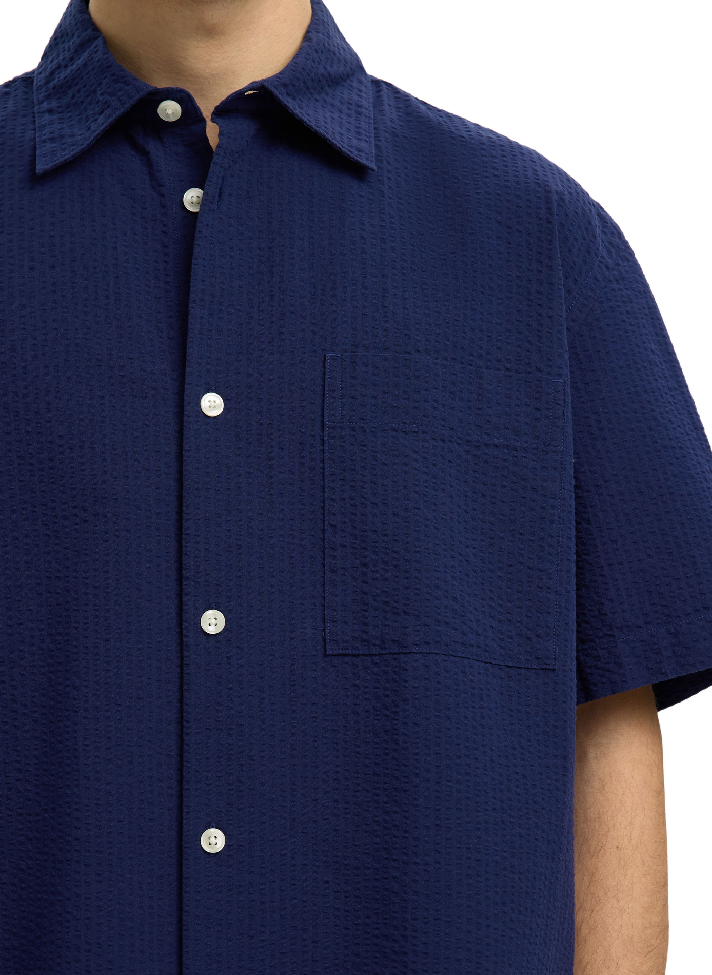 Short-sleeved textured cotton shirt SELECTED Blue