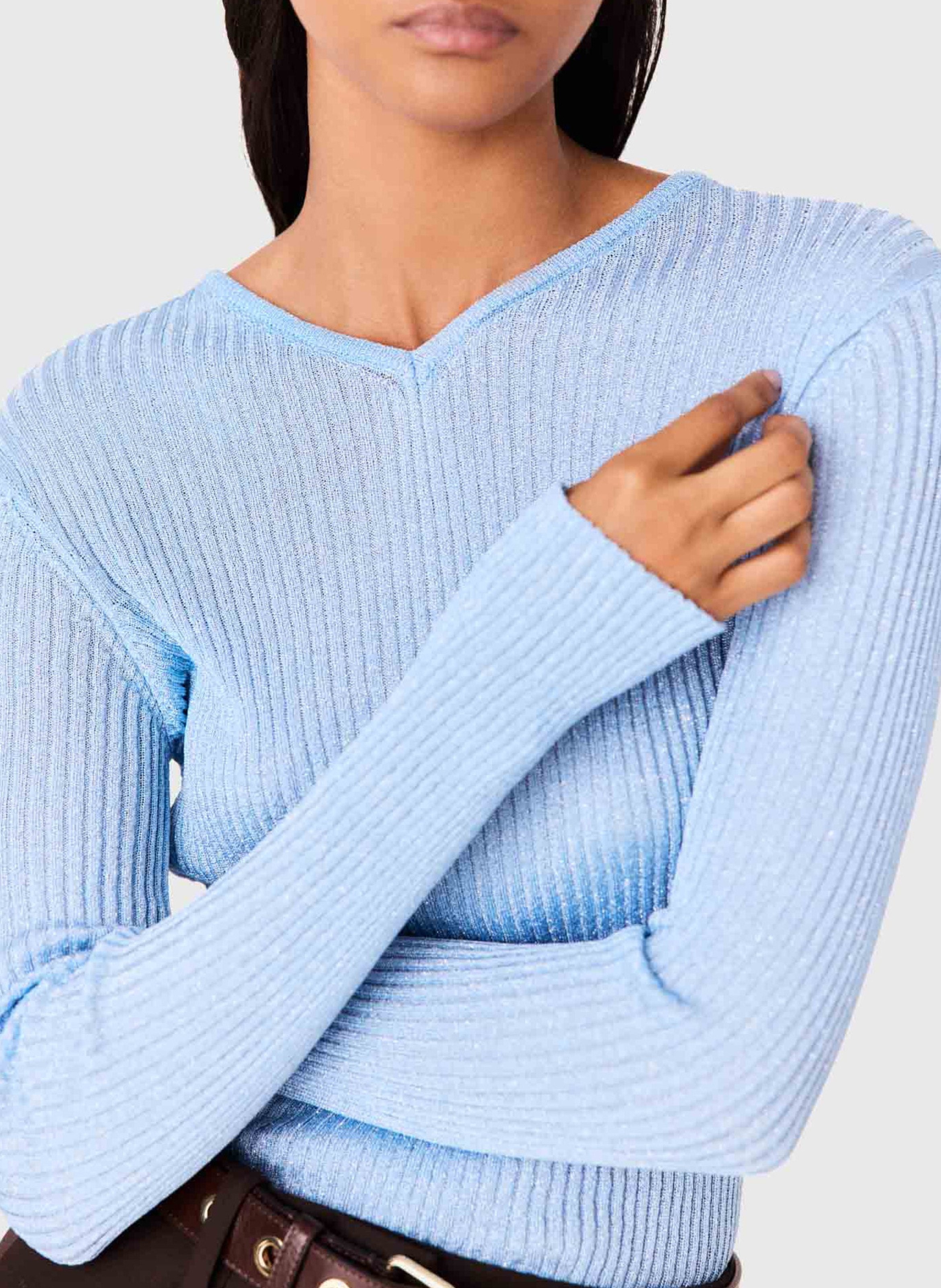 Pull slim à maille fine côtelée MAJE Bleu