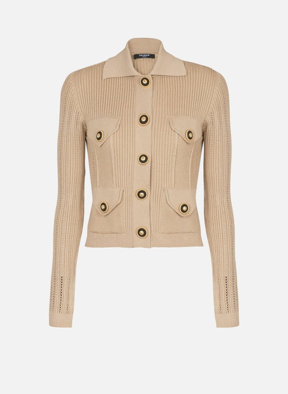 Cardigan court en maille côtelée et ajourée Beige by BALMAIN BALMAIN Cardigan court en maille côtelée et ajourée Beige