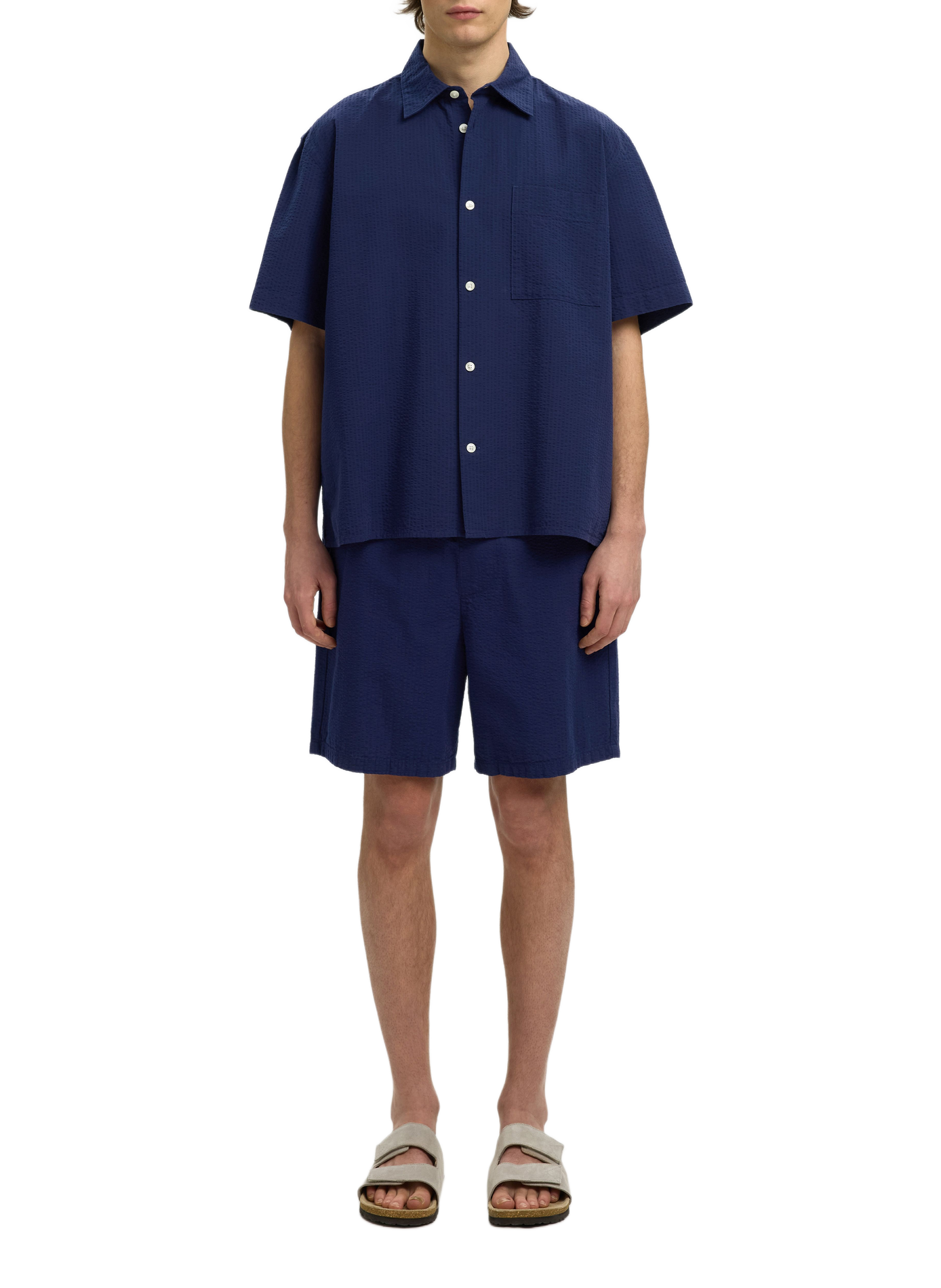Textured cotton shorts  SELECTED Blue