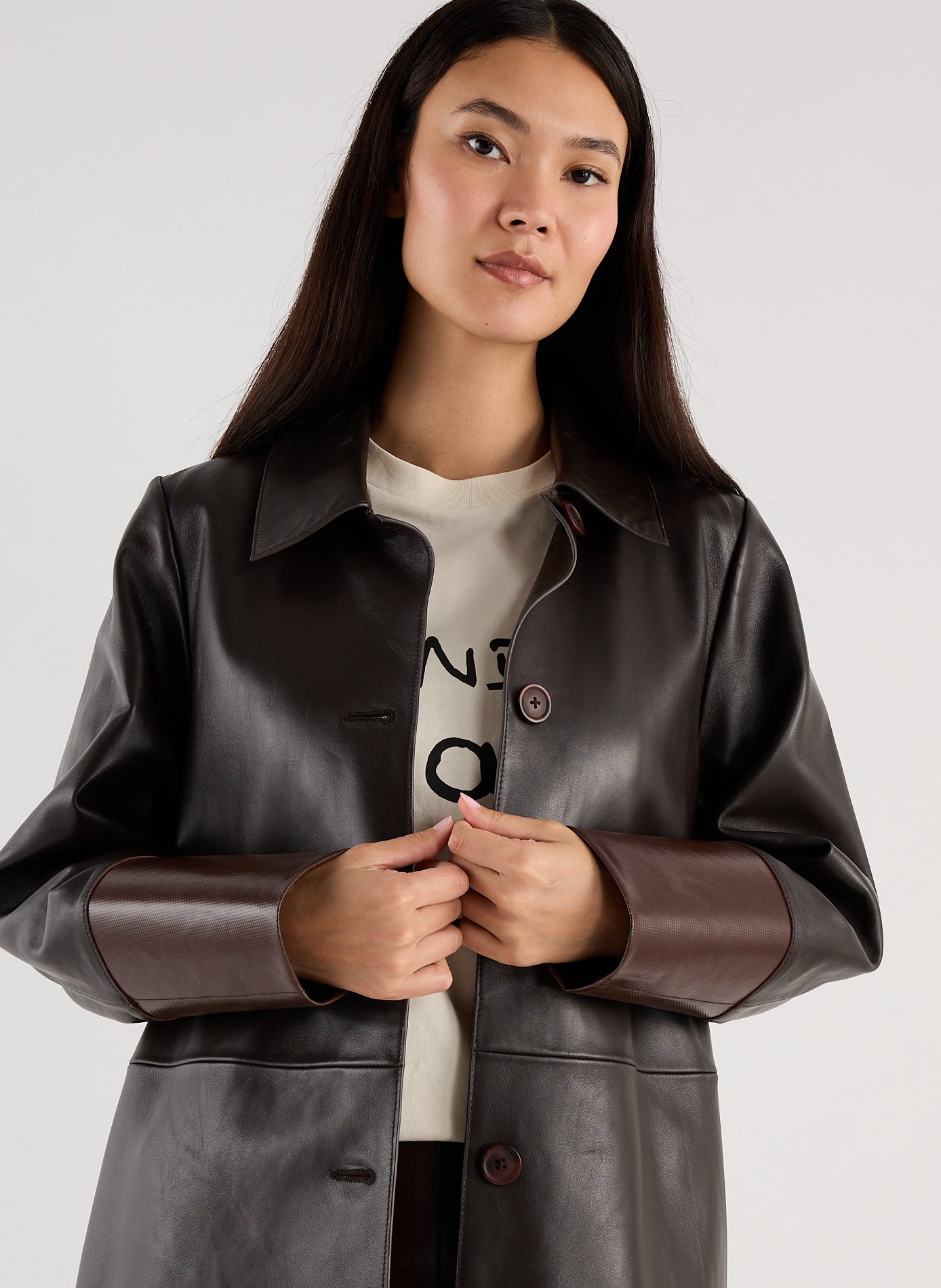 Veste longue Saison 1865 x Cahu en cuir bi-matière SAISON 1865 Marron