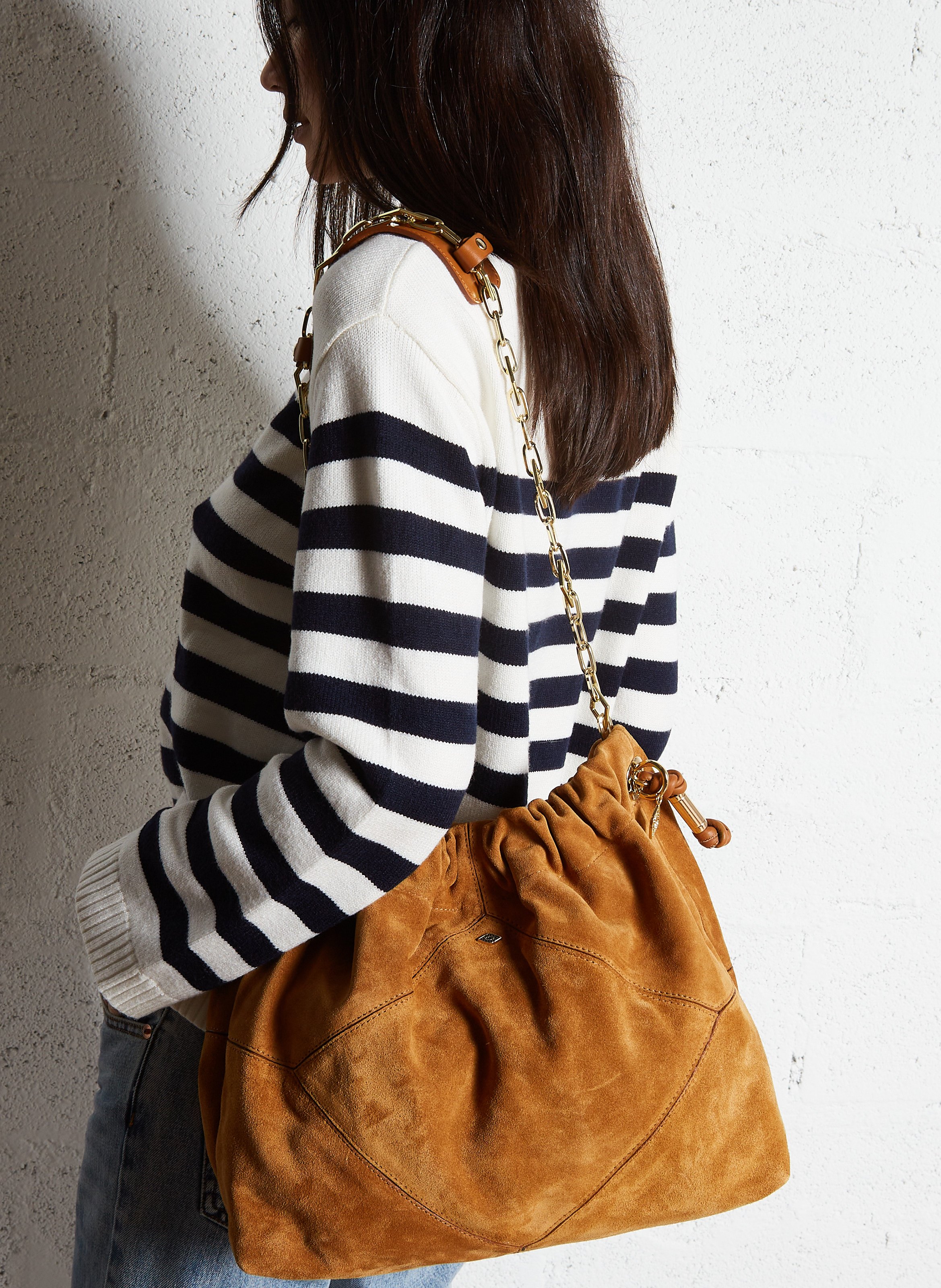 Sac bandoulière tote en cuir velours june tote BA&SH Marron