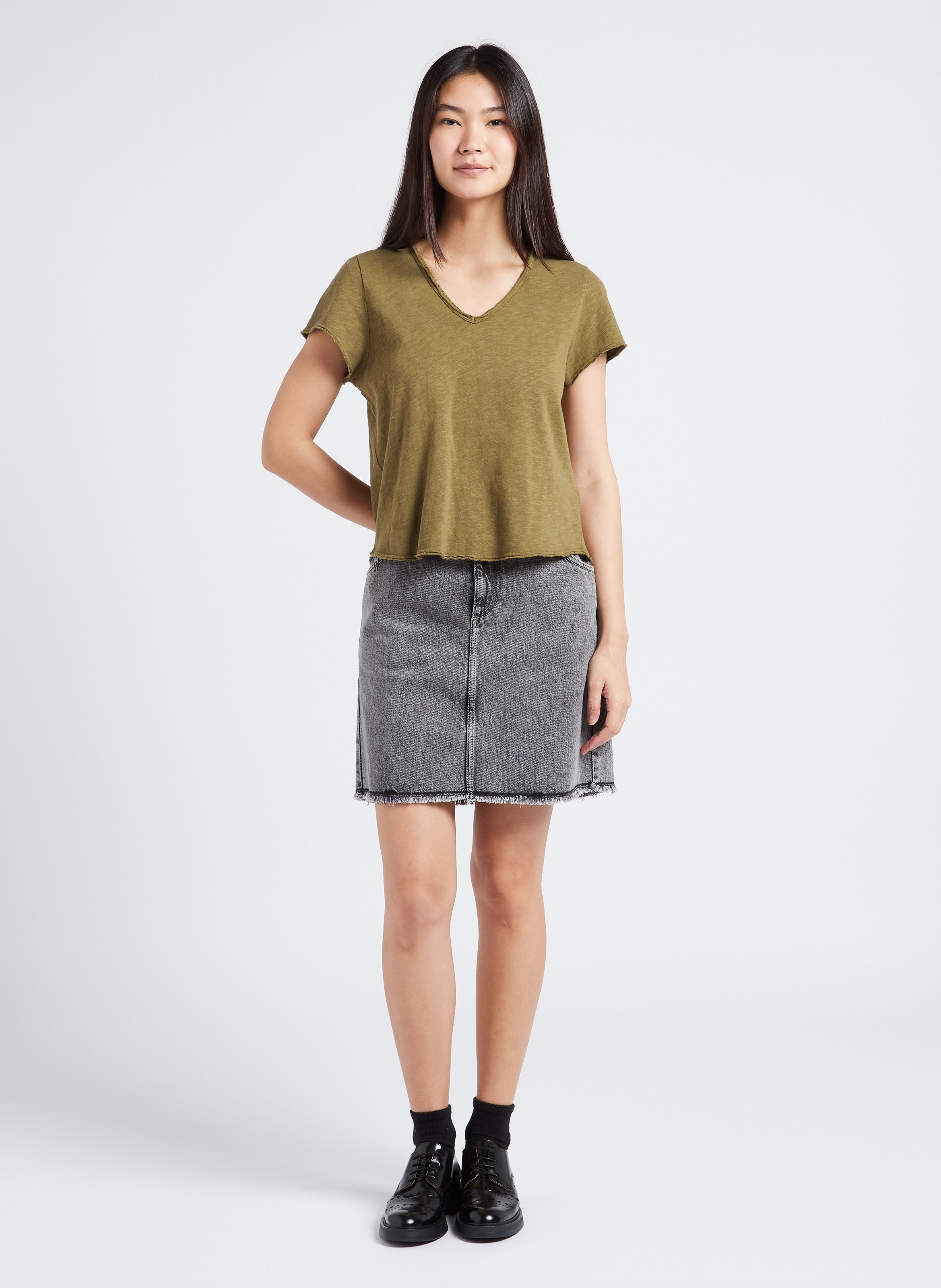 Tee-shirt droit col v en coton sonoma AMERICAN VINTAGE Kaki