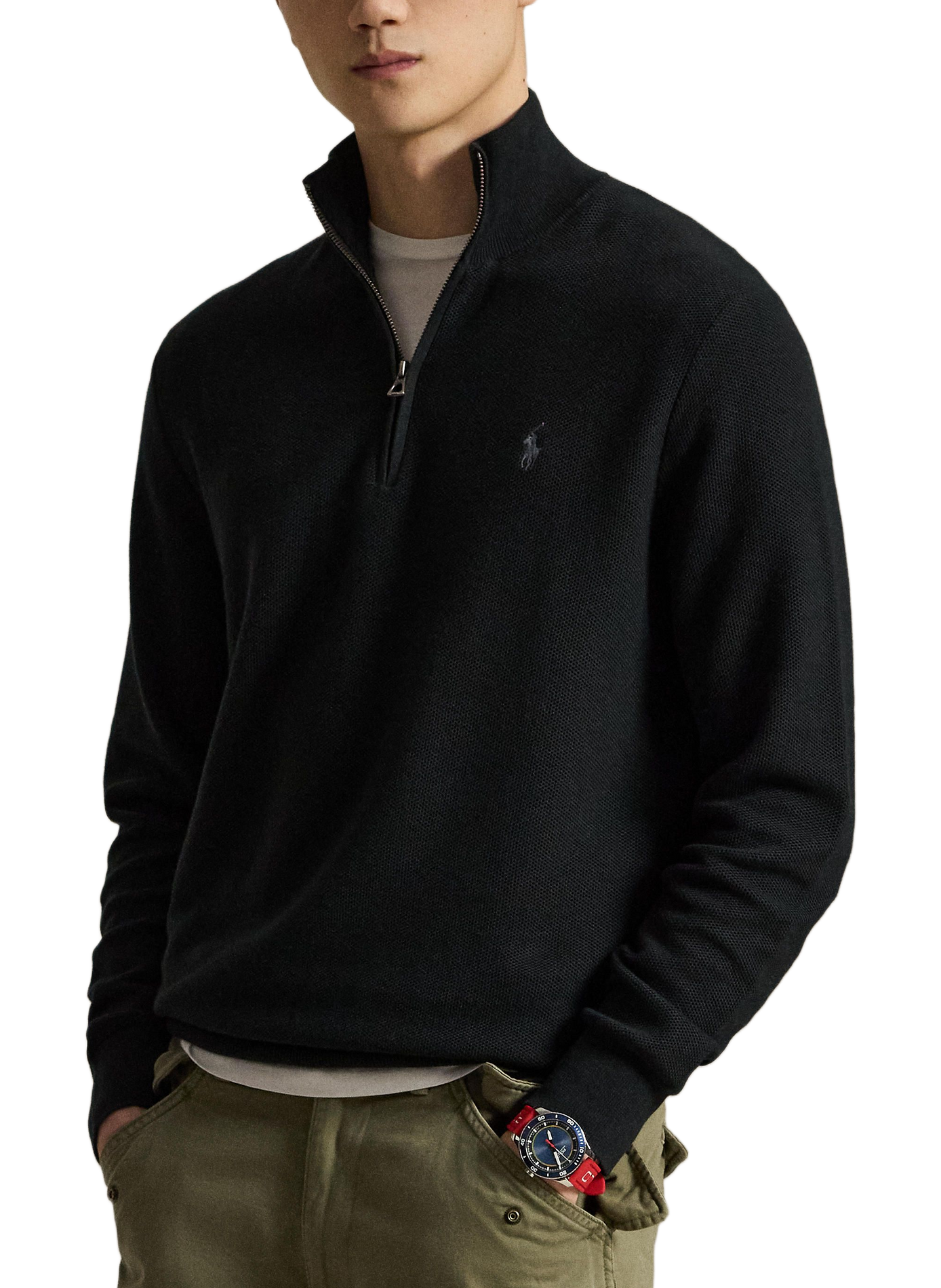 Cotton textured knit zip-up sweater. POLO RALPH LAUREN Black