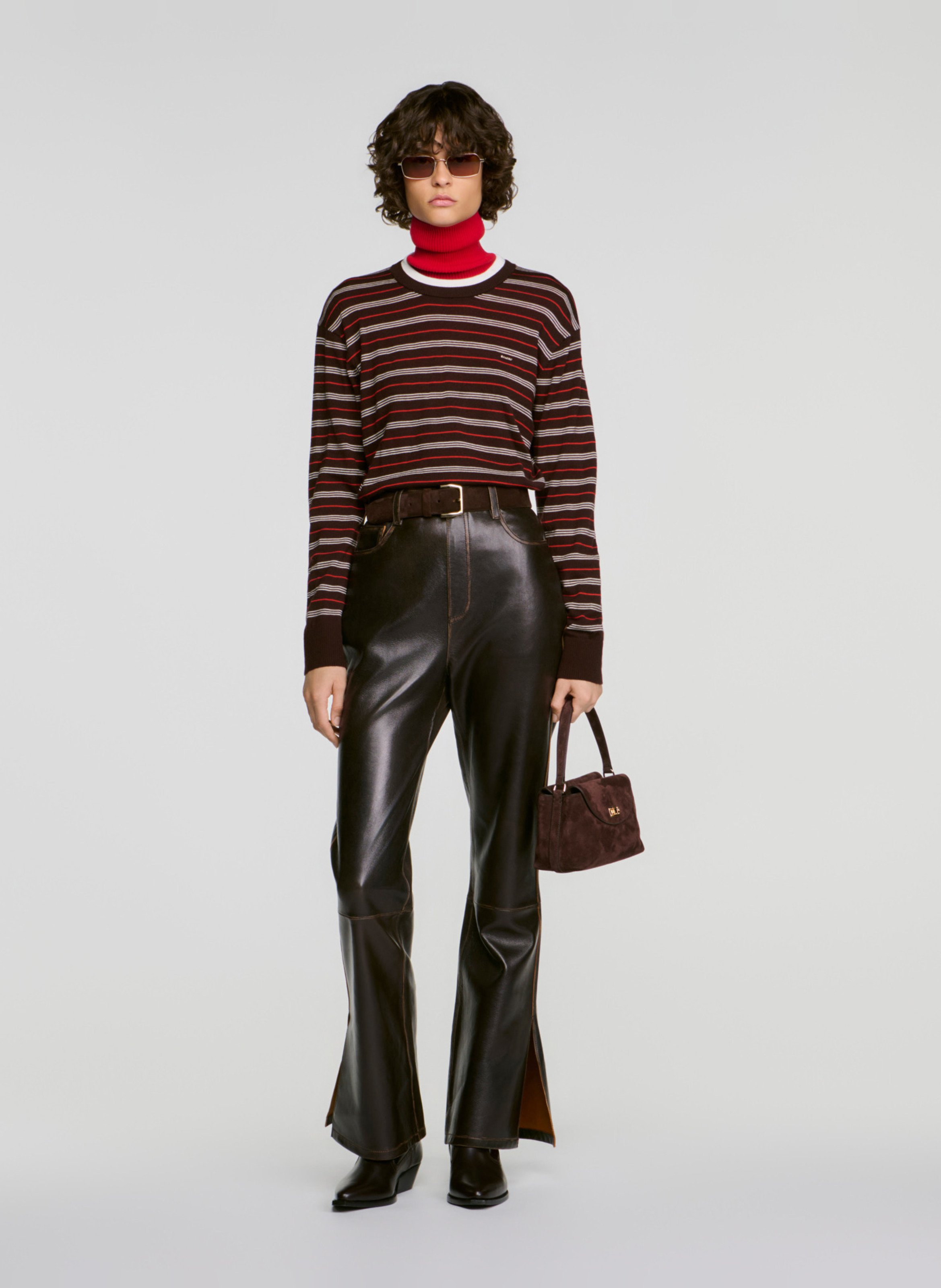 Pantalon évasé en cuir SANDRO Marron